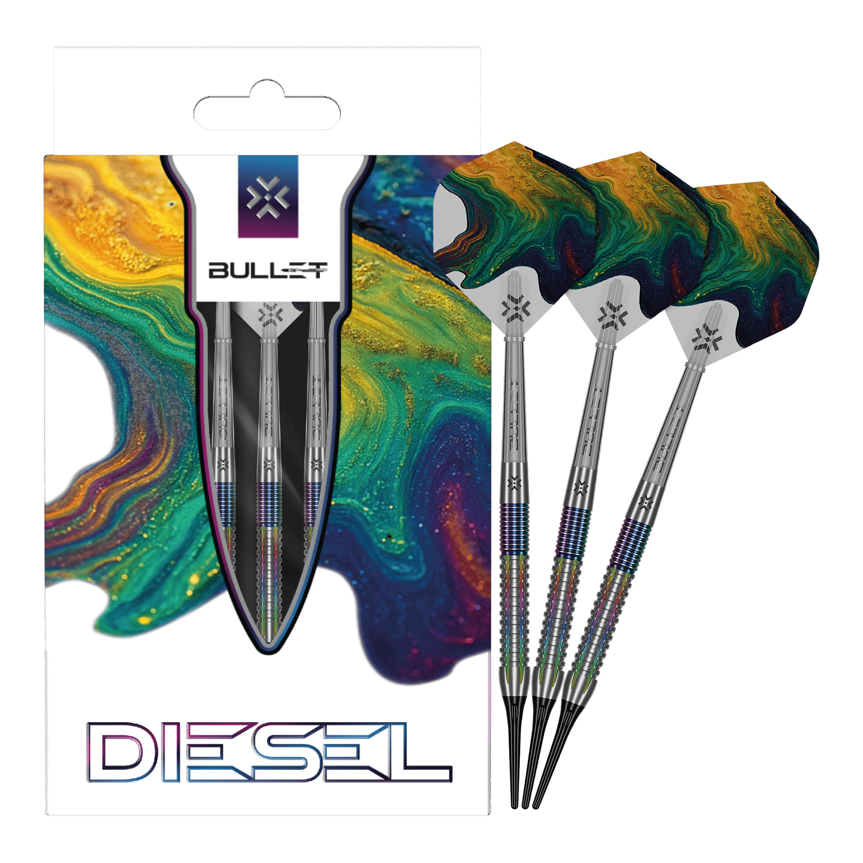 Auf dem Foto sind Bullet Diesel V2 20g Soft Darts zu sehen. Sie eignen sich gut für Softdartspieler.