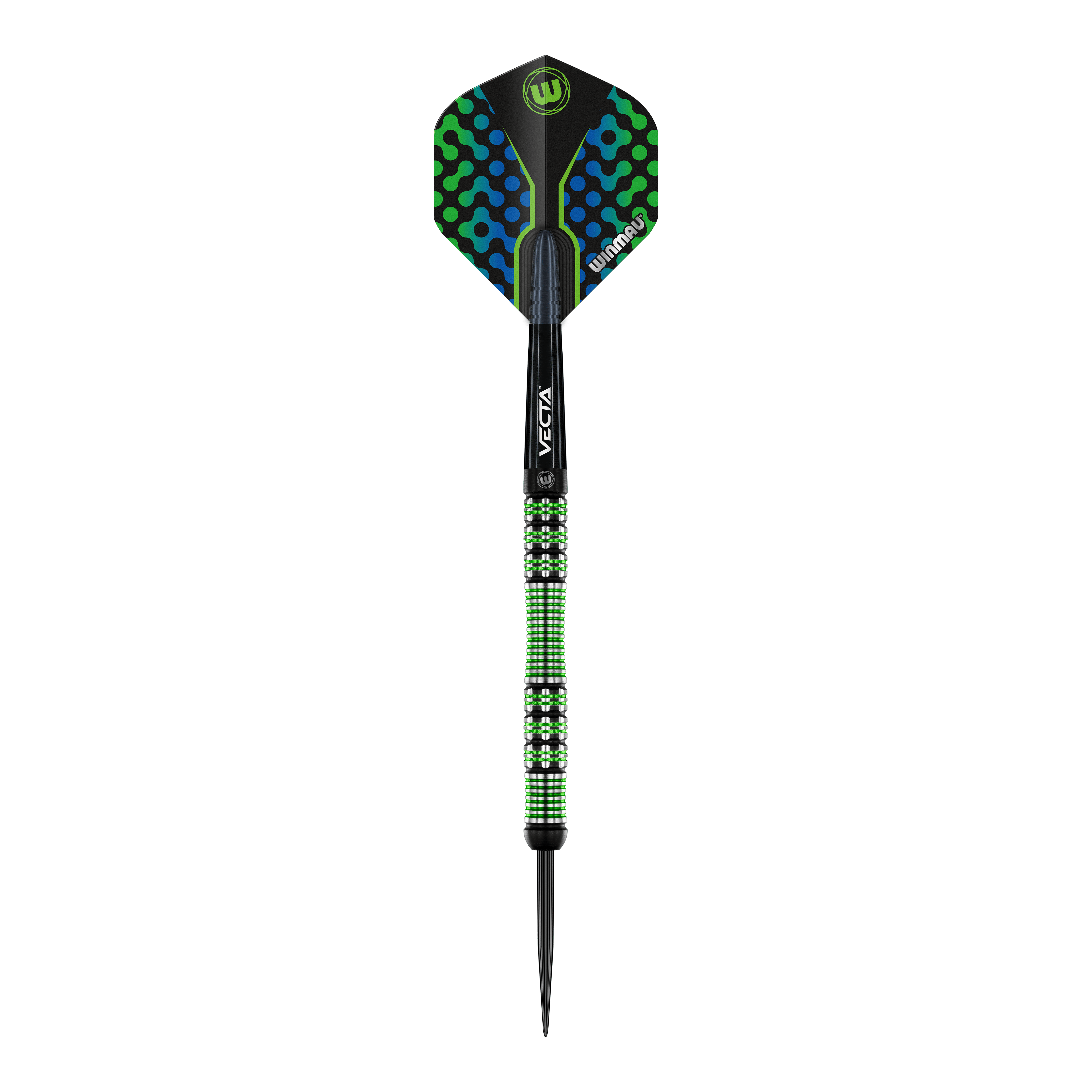 Winmau Brendan Dolan steel darts Das Bild zeigt einen Winmau Brendan Dolan Steeldart. Der Dartpfeil hat ein auffälliges Design mit grünen und blauen Akzenten.