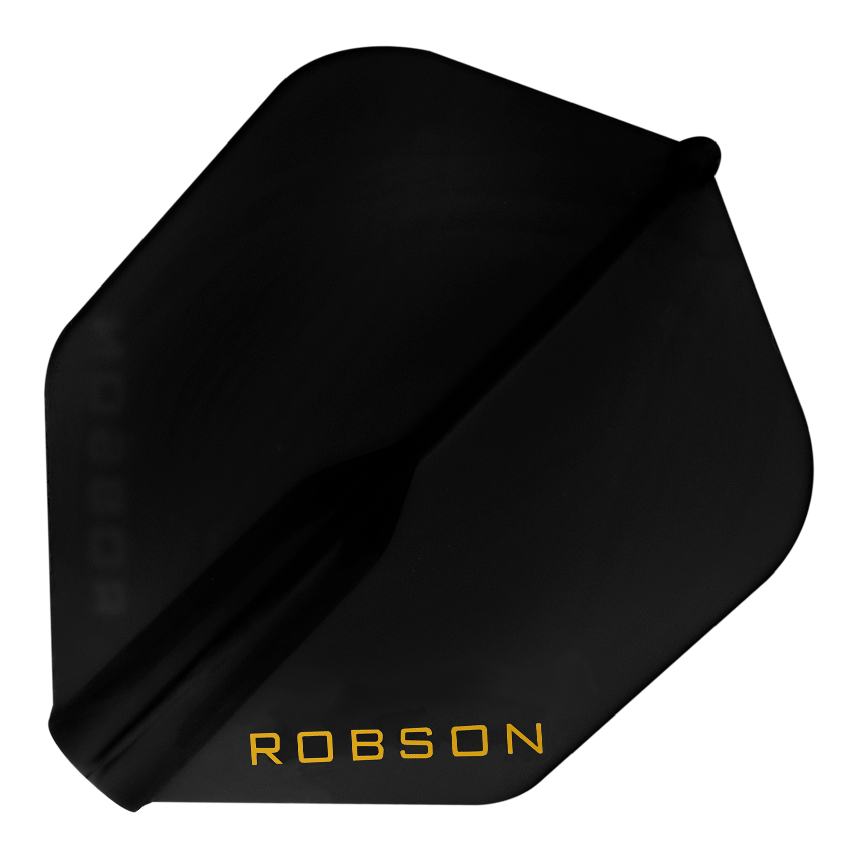 Robson Plus Flights - NO6 Auf dem Bild ist ein schwarzes Dart-Flight zu sehen. In einer Ecke steht das Wort "ROBSON" in gelber Schrift.