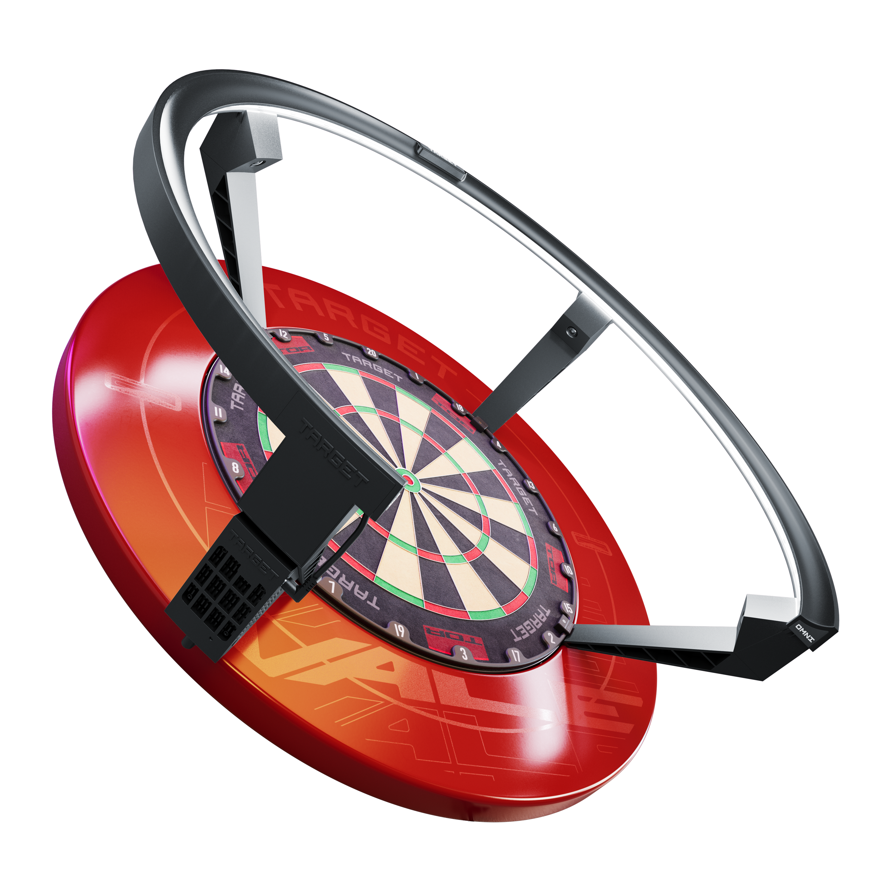Target OMNI auto-scoring system Das Bild zeigt das Produkt "Target OMNI Auto-Scoring-System", ein innovatives automatisches Punktesystem für Dartscheiben. Es besteht aus einem roten Sockel, einer Dartscheibe und einem großen schwarzen Ring, der über der Scheibe angebracht ist.