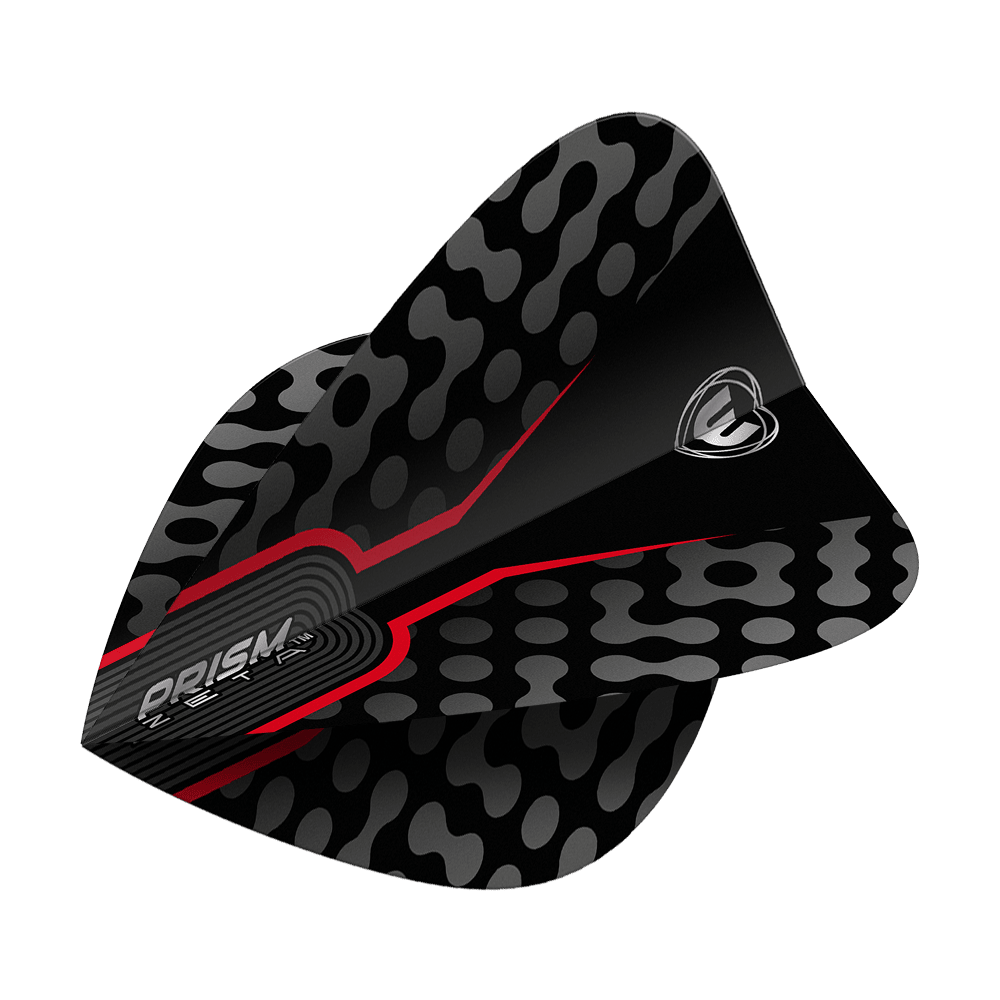 Winmau Zeta Black Red Kite Flights Das Bild zeigt einen Winmau Zeta Black Red Kite Flight. Das Design ist schwarz mit roten Akzenten und einem grauen Muster.