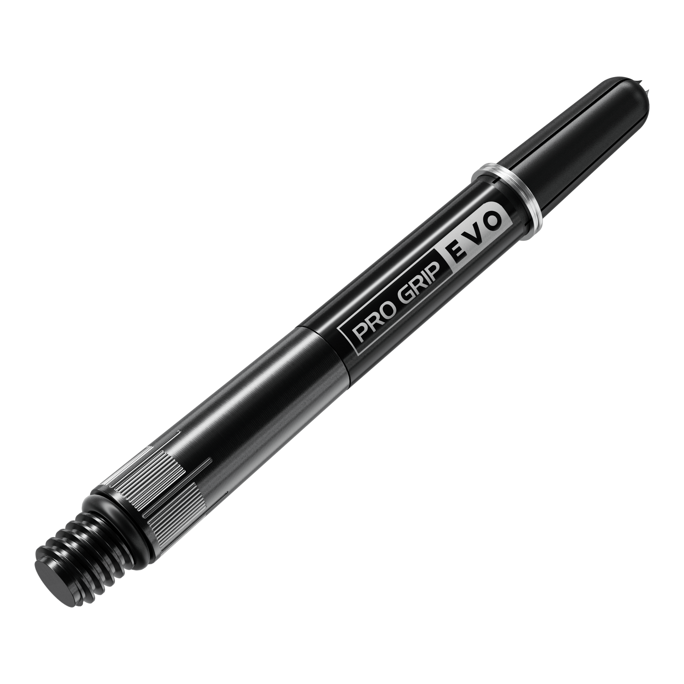 Target Pro Grip EVO Raymond Van Barneveld Chrono Titanium Shafts Das Bild zeigt einen schwarzen Pro Grip Evo Dart-Schaft aus Titan. Auf dem Schaft steht "PRO GRIP EVO" in weißen Buchstaben.