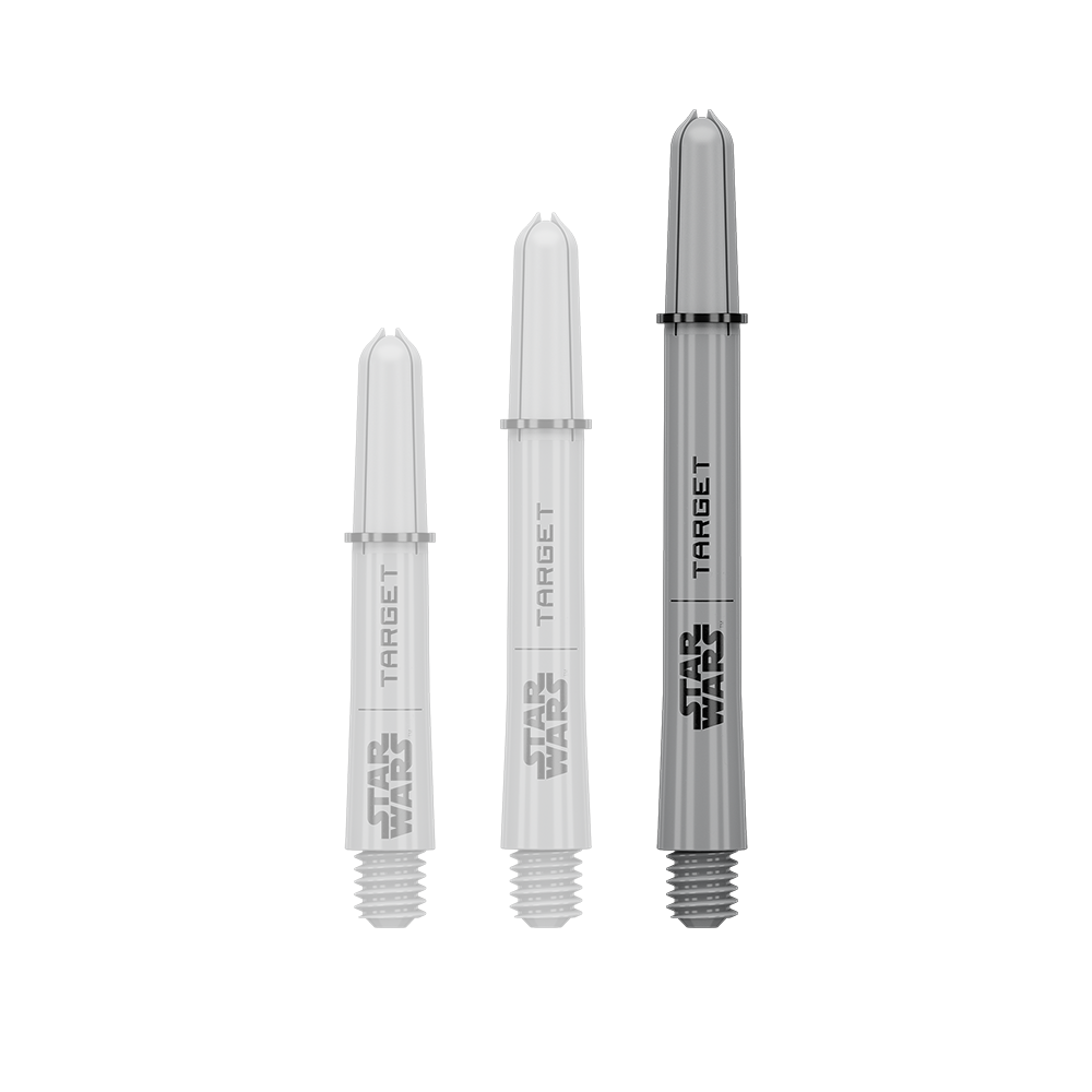 Target Star Wars ProGrip Shafts - Gray Das Bild zeigt ein Dart-Zubehör mit dem Dateinamen 380432_Target_StarWars_ProGrip_Shafts_Grau_Medium_48mm_1. Es handelt sich wahrscheinlich um einen einzelnen grauen Medium ProGrip Shaft von Star Wars mit 48mm Länge.