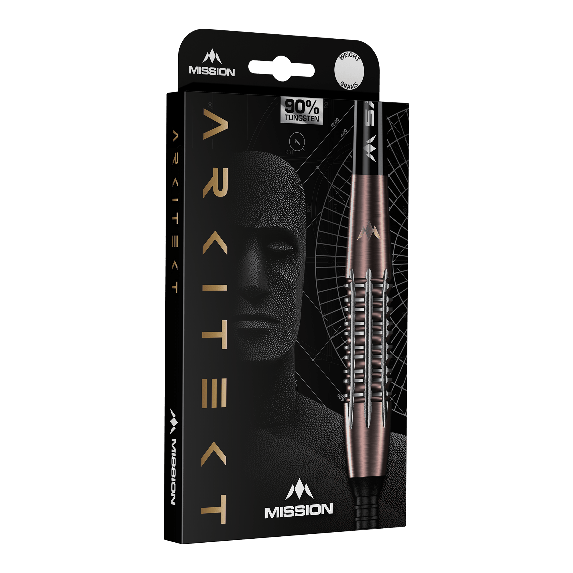Abgebildet ist Mission Arkitekt Bronze Silika PVD Steeldarts - 23,5g. Die Darts besitzen ein glänzendes bronzenes Finish.