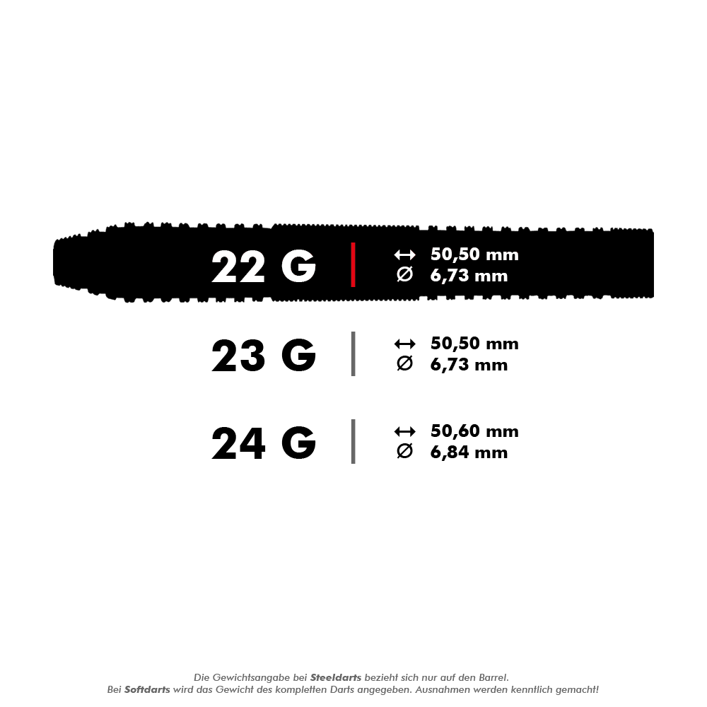 BU17423_Bulls_NL_Dirk_van_Duijvenbode_Steeldarts_5_22g Dieses Bild zeigt die Spezifikationen von Steeldarts in drei verschiedenen Gewichtsklassen: 22g, 23g und 24g. Die Längen und Durchmesser der Darts sind ebenfalls angegeben.