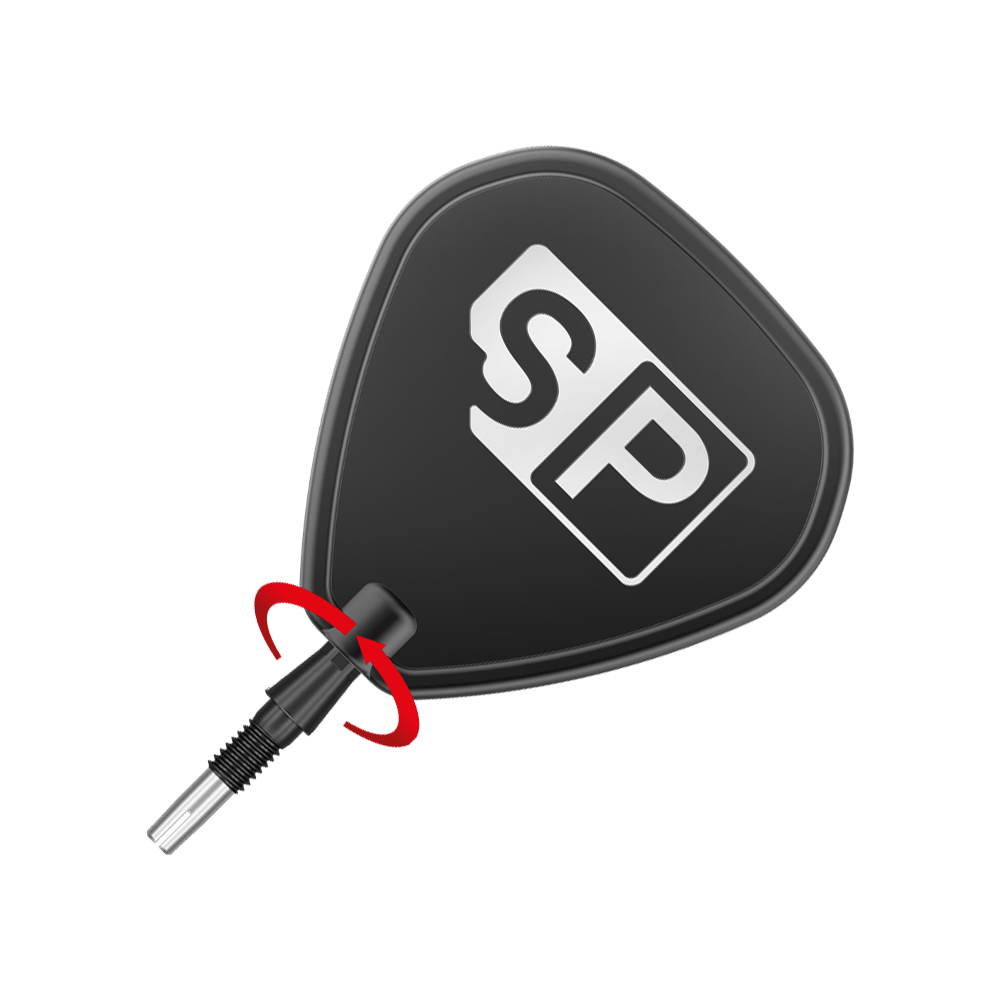 Target Swiss Storm Onyx Point Dart Tips - Black Das Bild zeigt eine schwarze Dartspitze mit der Aufschrift "SP". Ein roter Pfeil zeigt, dass die Spitze gedreht werden kann.