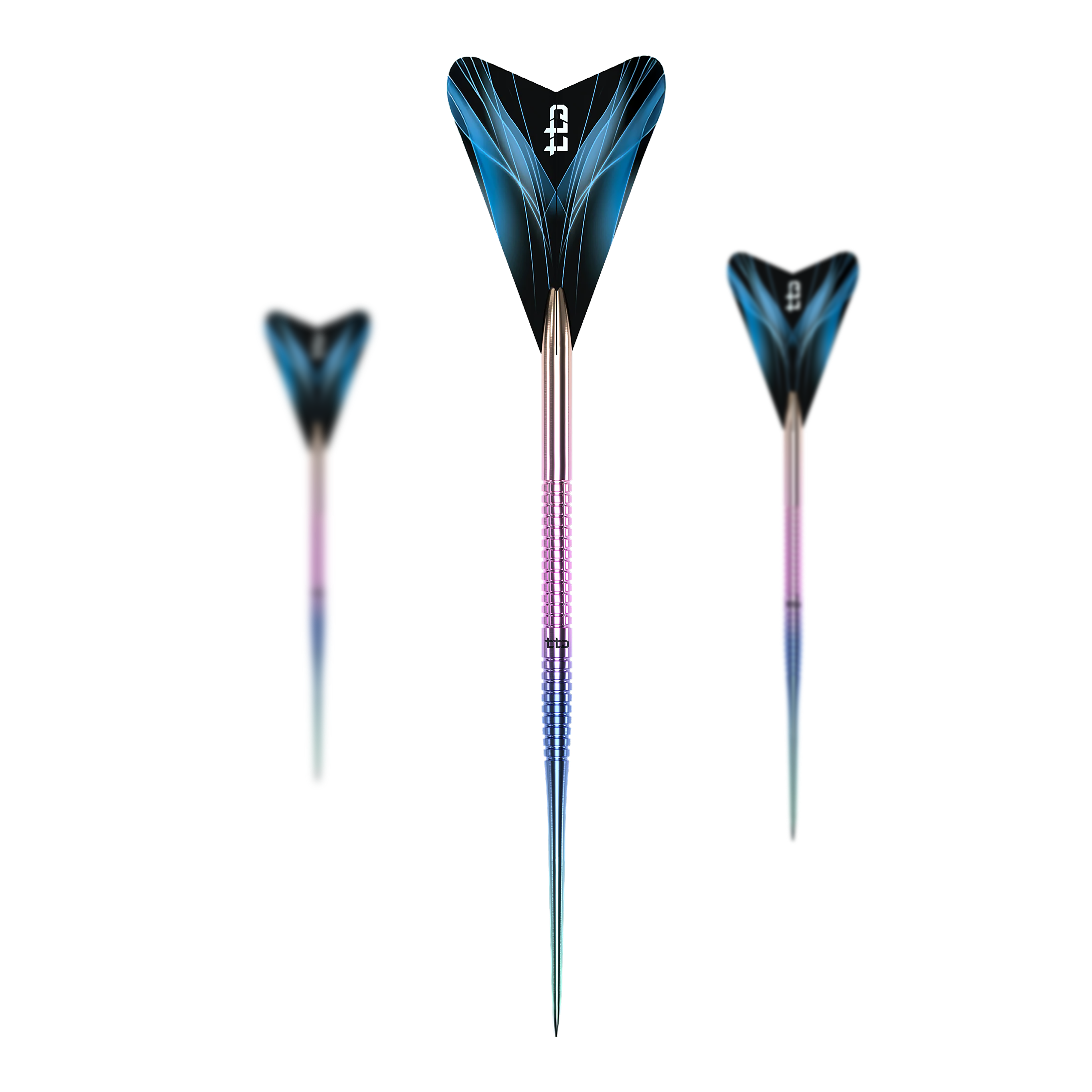 Dies ist ein Set des Caliburn TTD Complete Titanium T1 Rainbow Steeldarts - 5g. Mehrere Dartpfeile mit regenbogenfarbenem Design sind zu sehen.