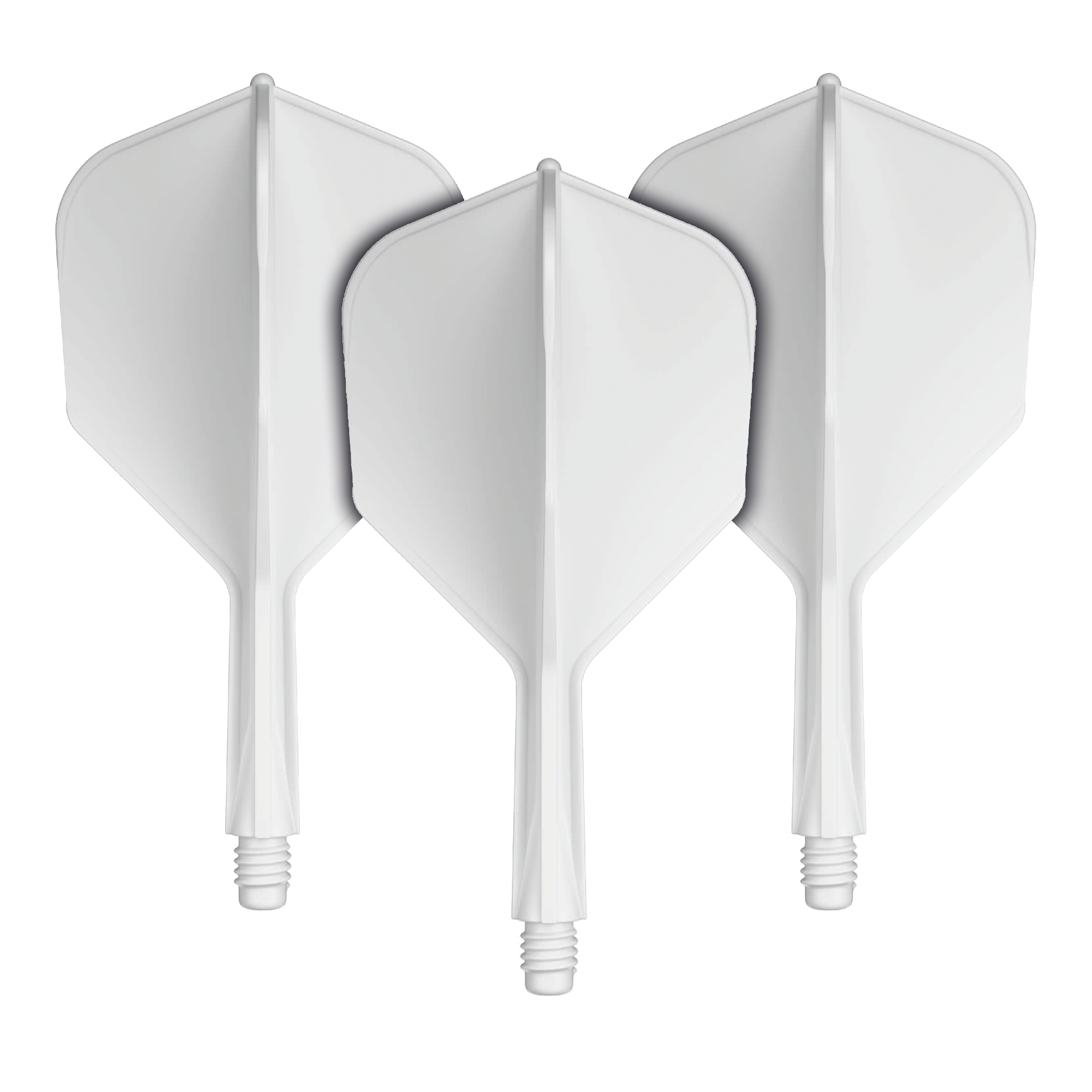 Auf dem Bild sind drei weiße Dart-Flügel mit Schäften zu sehen. Sie sind nebeneinander angeordnet und zeigen alle nach oben.