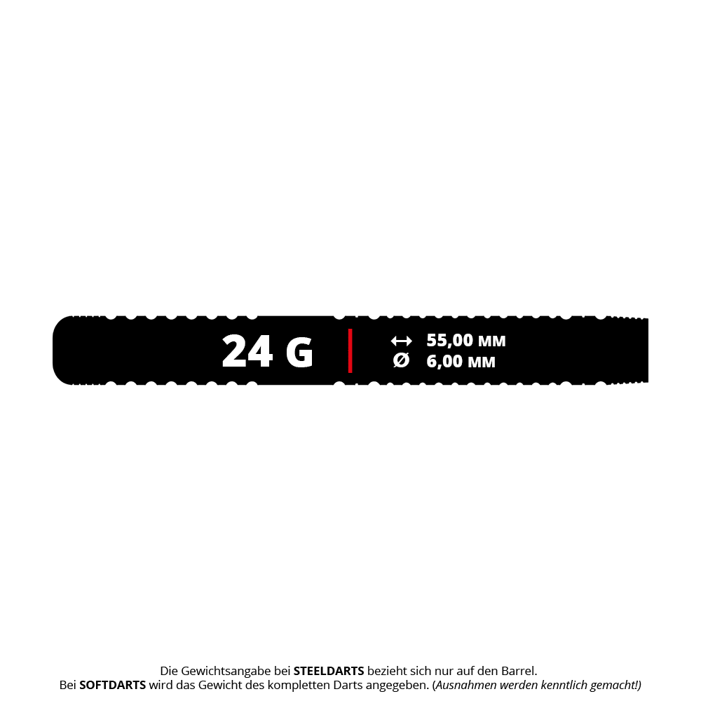 Bulls Martijn Dragt Steel Darts - 24g Das Bild zeigt die Produktdaten der Bulls Martijn Dragt Steeldarts mit einem Gewicht von 24 Gramm. Der Barrel ist 55,00 mm lang und hat einen Durchmesser von 6,00 mm.