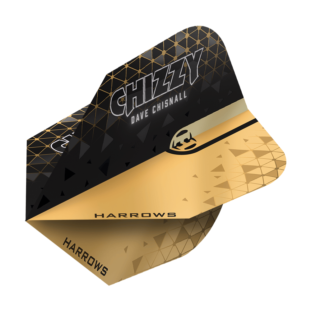 Harrows Prime Dave Chisnall Chizzy 2 No6 Flights Das Bild zeigt ein Harrows Prime Dave Chisnall Chizzy 2 No6 Flight. Das Flight ist schwarz-gold gestaltet und trägt den Aufdruck "CHIZZY DAVE CHISNALL" sowie das Harrows-Logo.