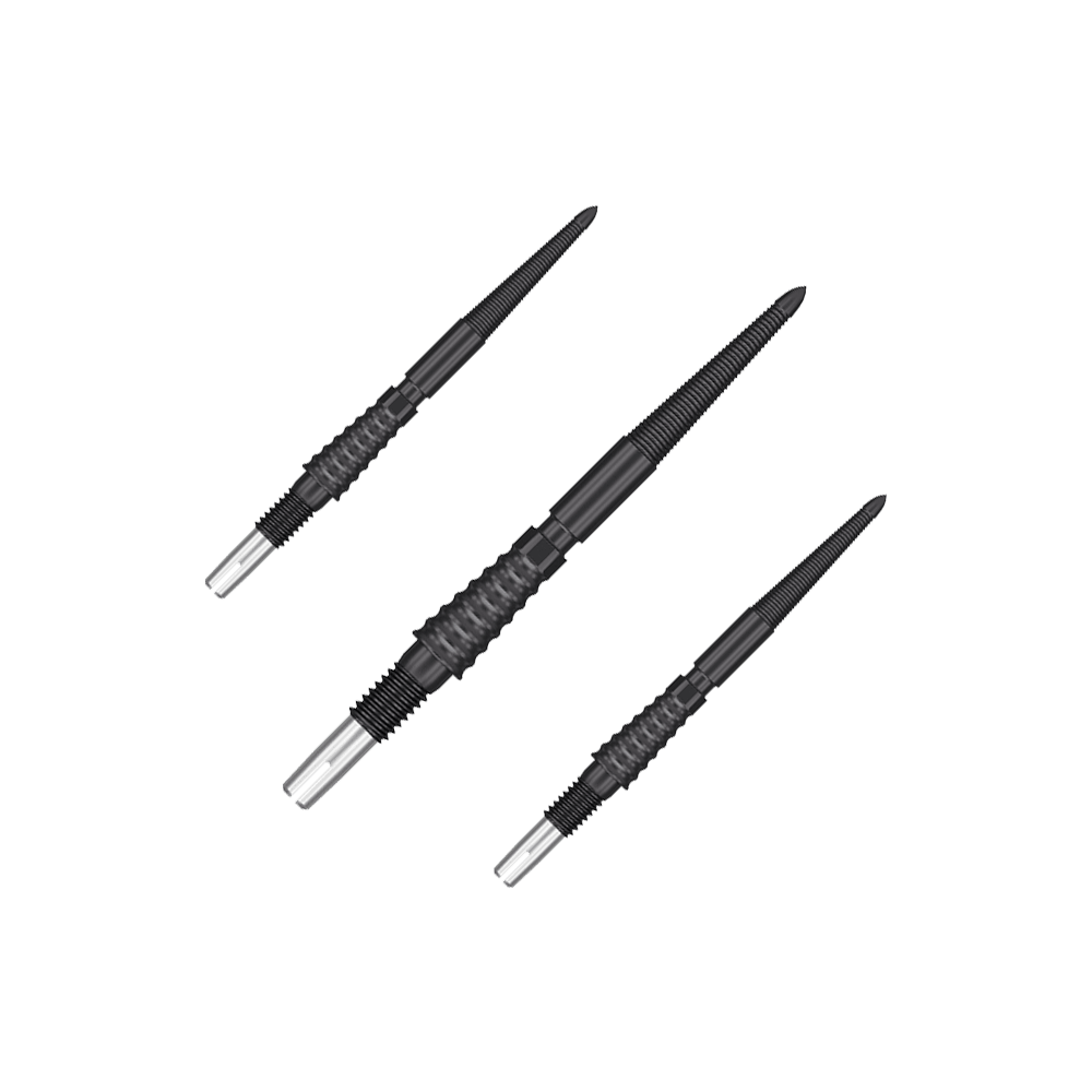 Target Swiss Storm LNC dart tips - Black Auf dem Bild sind drei schwarze Dartspitzen mit silbernem Ende zu sehen. Sie liegen nebeneinander auf einem neutralen Hintergrund.