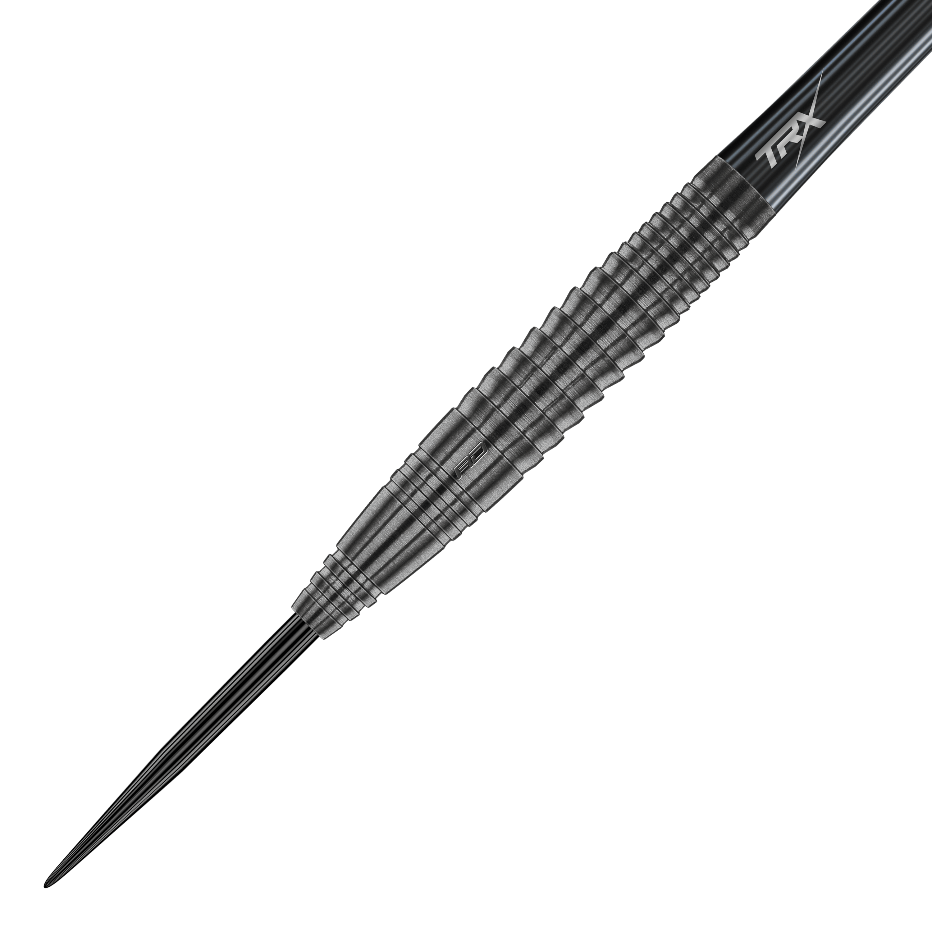 Red Dragon Seren 4 Onyx Steeldarts Das Bild zeigt einen Red Dragon Seren 4 Onyx Steeldart. Der Dart hat ein schwarzes, gerilltes Metallgehäuse und eine spitze Stahlspitze.