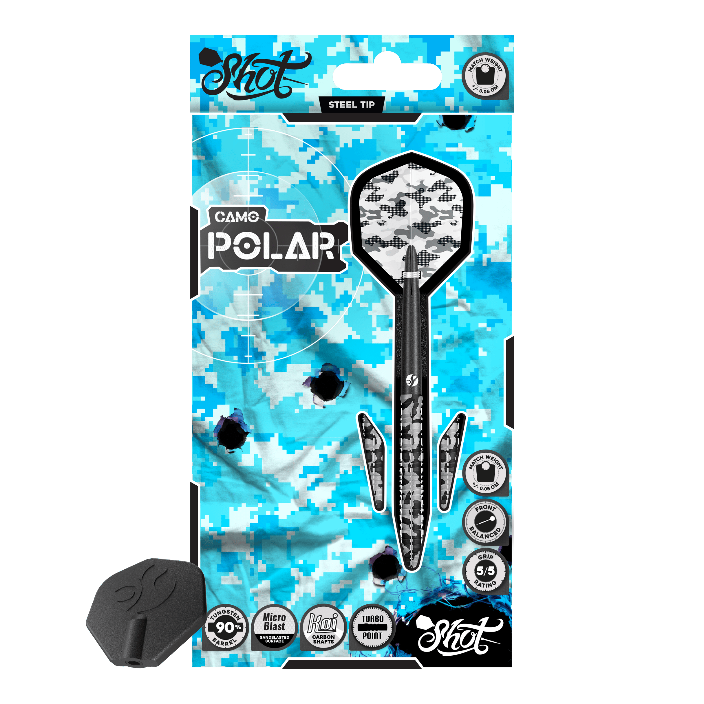 Shot Camo Polar Turbo Point Steeldarts Das Produktbild zeigt Shot Camo Polar TurboPoint Steeldarts. Die Darts unterscheiden sich durch ein Muster.