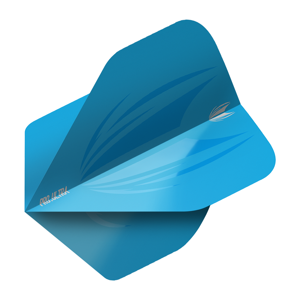 Das Bild zeigt das Produkt "Target ProUltra ID Blue No2 Standard Flights". Es handelt sich um ein blaues Dartflight mit einem modernen, grafischen Design.