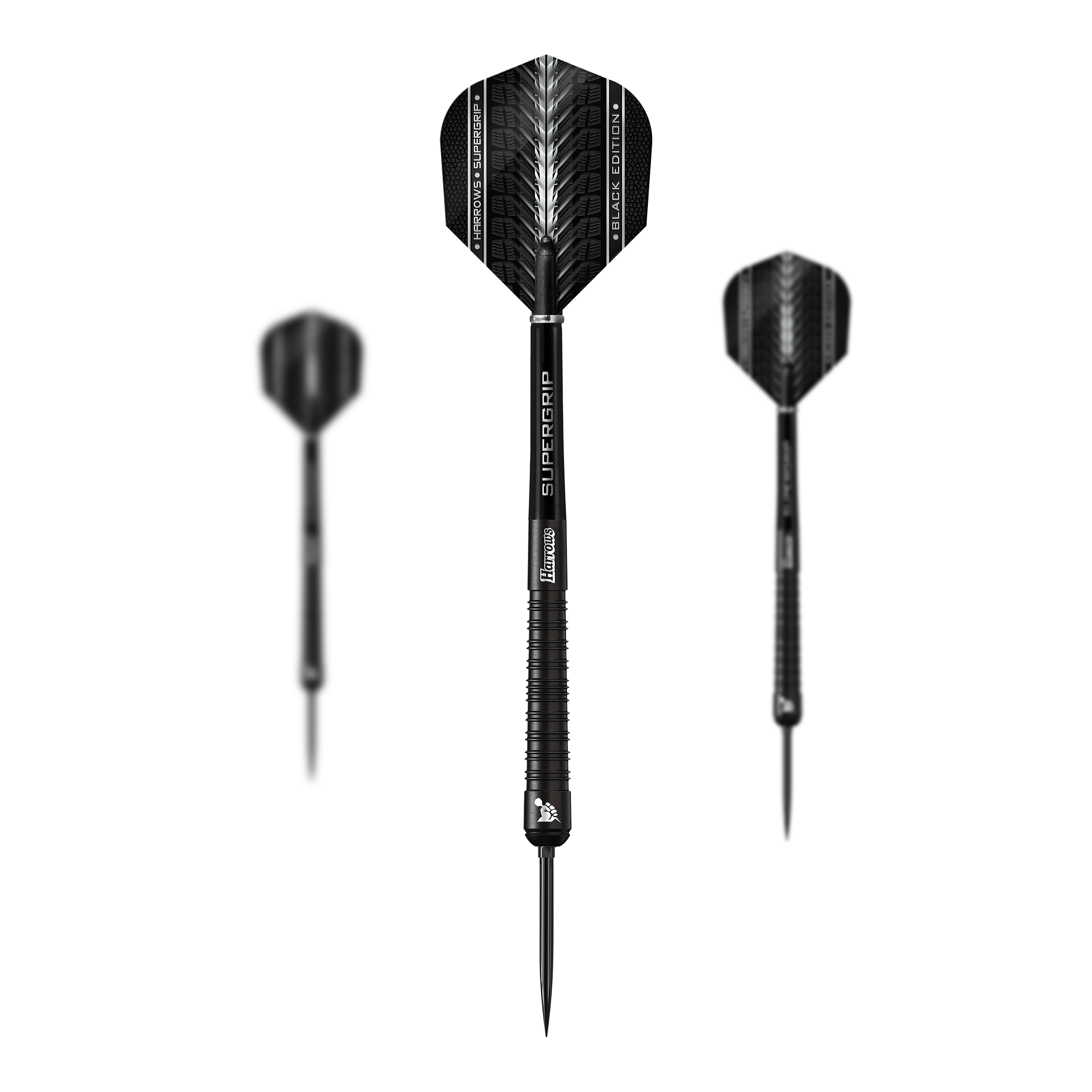Harrows Supergrip 90 Black Edition Quick Point Steel Darts Auf diesem Bild ist ein Set der Harrows Supergrip 90 Black Edition Quick Point Steeldarts zu sehen. Die Steeldarts sind ideal für Turniere und Freizeitspiele.