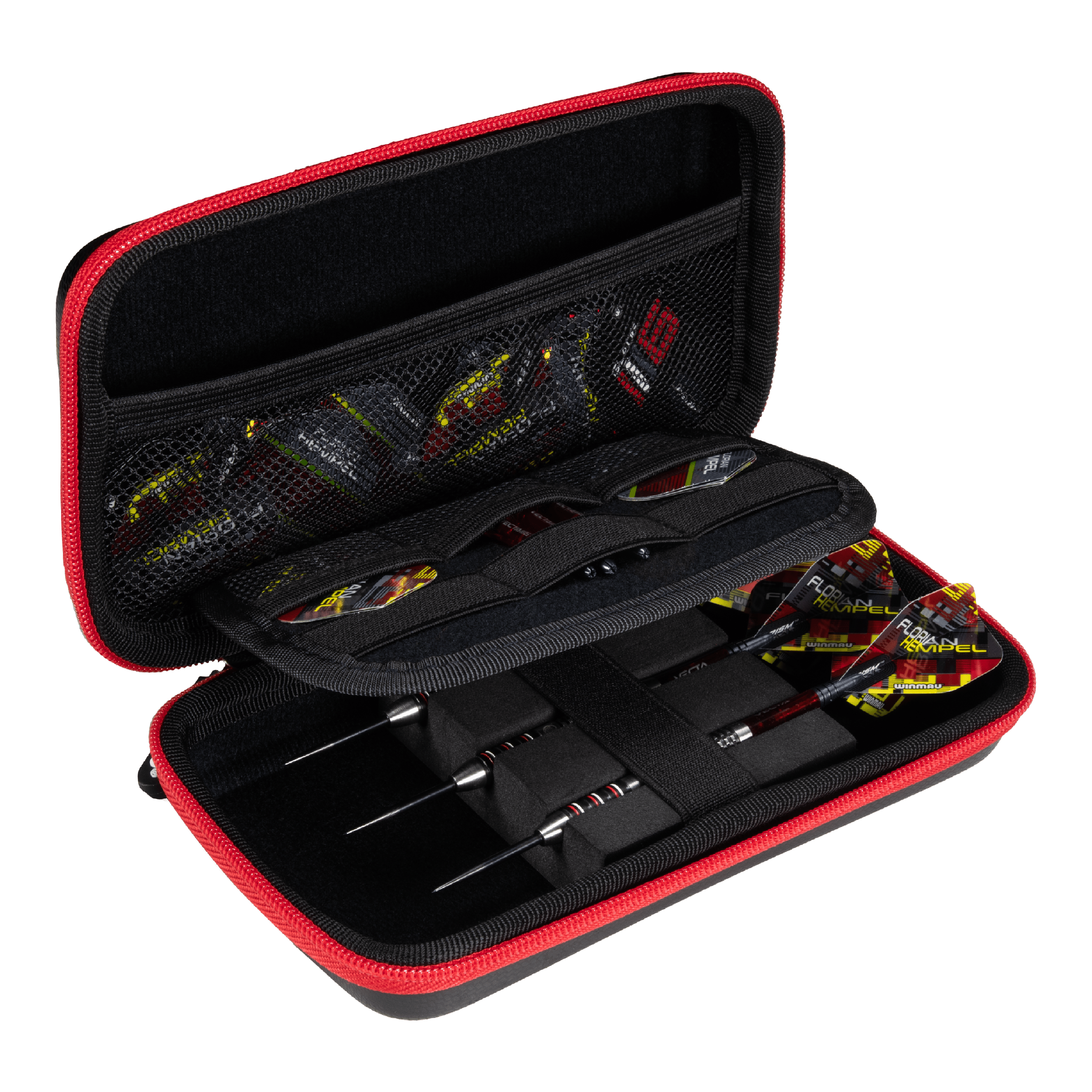 Winmau Florian Hempel Tour Edition dart case Das Bild zeigt das Winmau Florian Hempel Tour Edition Dartcase, das geöffnet und mit Darts sowie Zubehör bestückt ist. Die Darttasche hat einen schwarzen Innenraum mit Netzfächern und wird von einem roten Reißverschluss umrandet.
