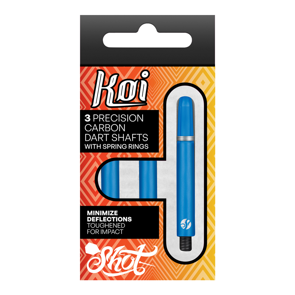 Shot Koi Carbon Shafts - Blue Die Abbildung zeigt eine Verpackung mit drei blauen Carbon-Dartschäften der Marke Koi. Auf der Packung steht, dass die Schäfte Präzision bieten, mit Sprengringen ausgestattet sind und Abweichungen minimieren.
