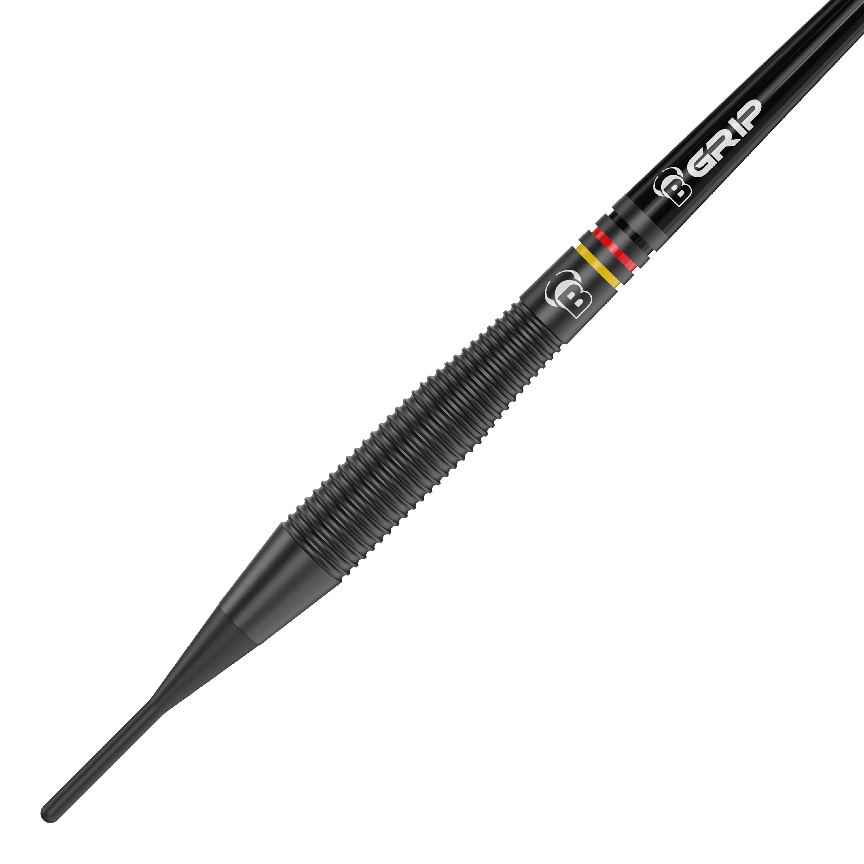 Bulls Martin Schindler The Wall Black Brass Softdarts - 18g Das Bild zeigt einen schwarzen Softdart mit auffälligen Rillen für besseren Halt. Auf dem Dart sind außerdem farbige Ringe und die Aufschrift "B GRIP" zu sehen.