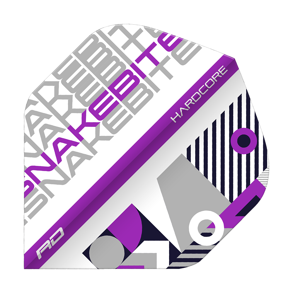 TF6661_Red_Dragon_Hardcore_Snakebite_WhitePurple_Standard_Flights_15QAeqfmUzZ5sn Das Bild zeigt ein Dart-Flight mit dem Namen "Red Dragon Hardcore Snakebite White Purple Standard Flights". Das Design besteht aus den Farben Weiß, Lila und Grau mit modernen geometrischen Mustern und Schriftzügen.