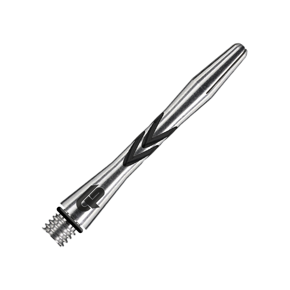 C648_Red_Dragon_Gerwyn_Price_V-Groove_Aluminium_Shafts_Black_36mm_2 Das Bild zeigt einen Red Dragon Gerwyn Price V-Groove Black Aluminium Shaft in 36 mm Länge. Der Schaft ist silberfarben mit schwarzen Rillen und hat ein Schraubgewinde am Ende.