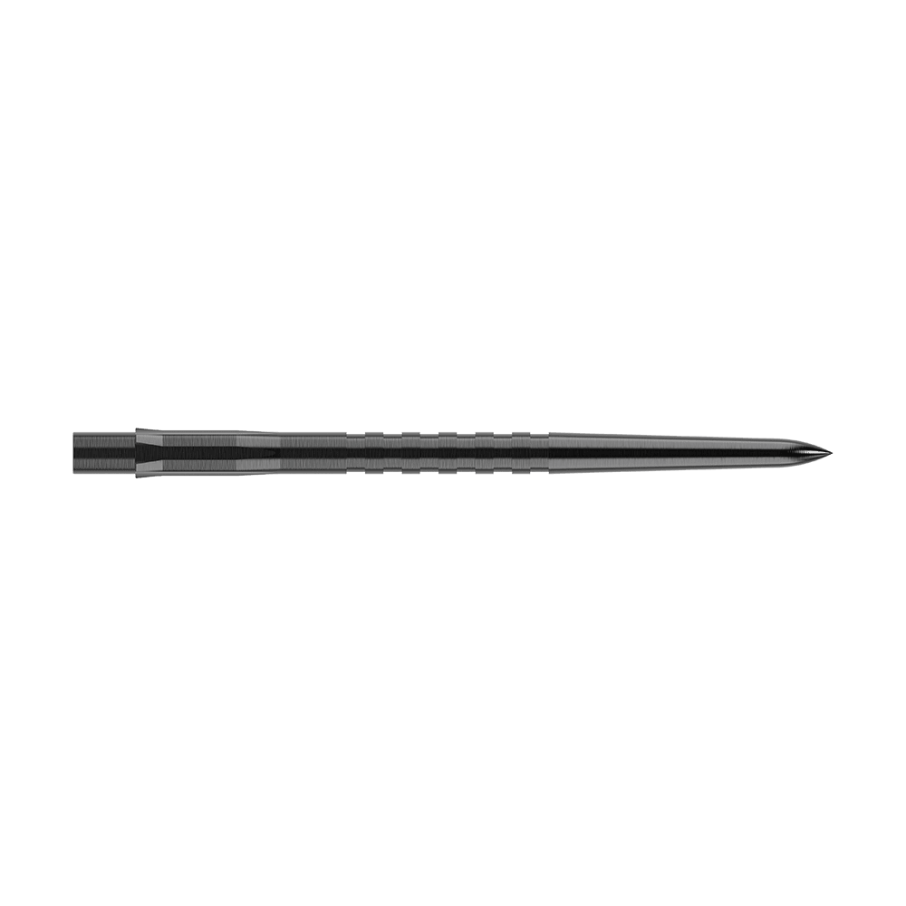 Mission Caliburn EVO Dart Tips - Grooved - Black Das Bild zeigt eine schwarze, gerillte Steeldartspitze. Sie ist lang und schmal mit einer scharfen Spitze.