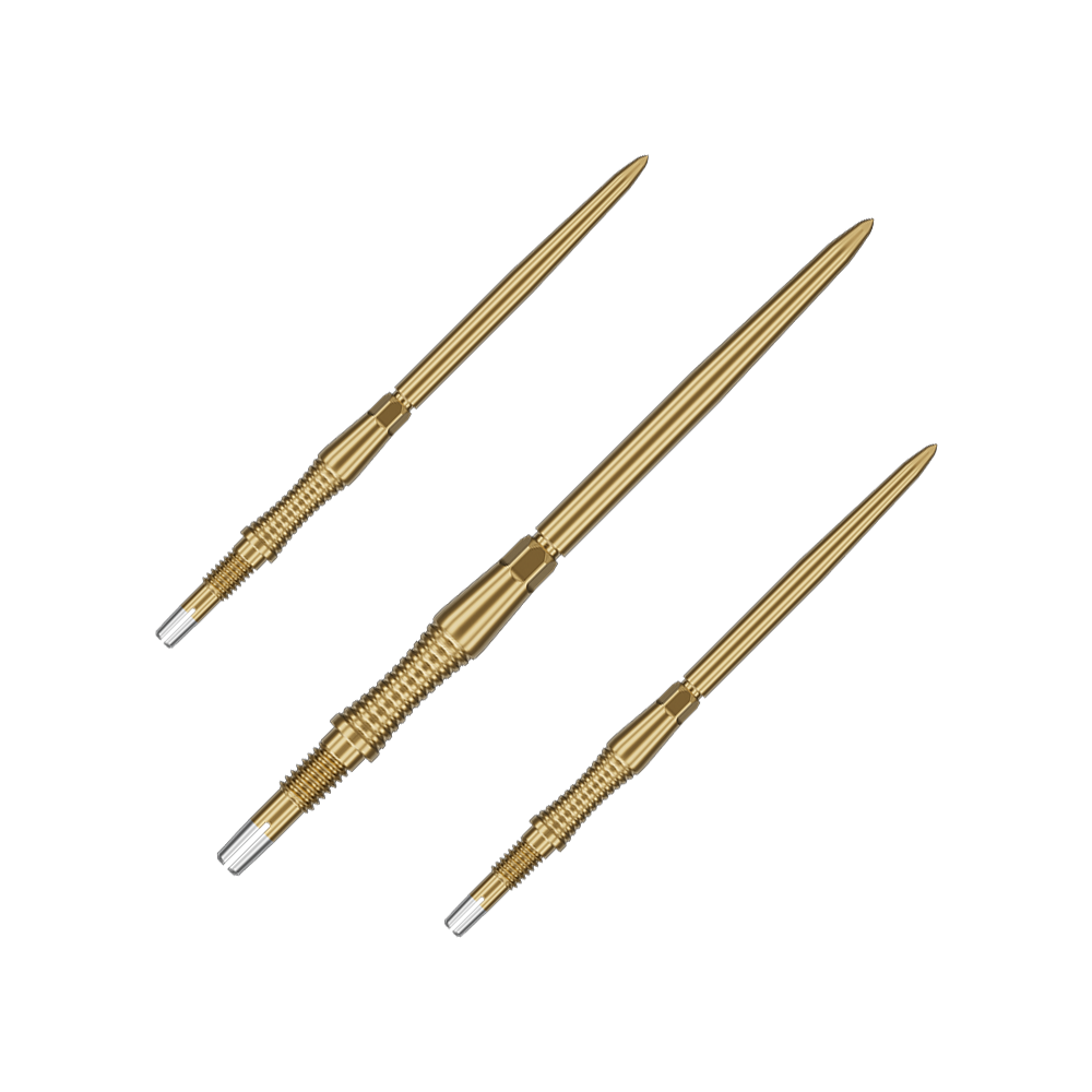 Das Bild zeigt ein Set von Target Swiss Point Dartspitzen Signature RST in Gold, 42mm. Das Set enthält mehrere identische Dartspitzen mit strukturierter Oberfläche.