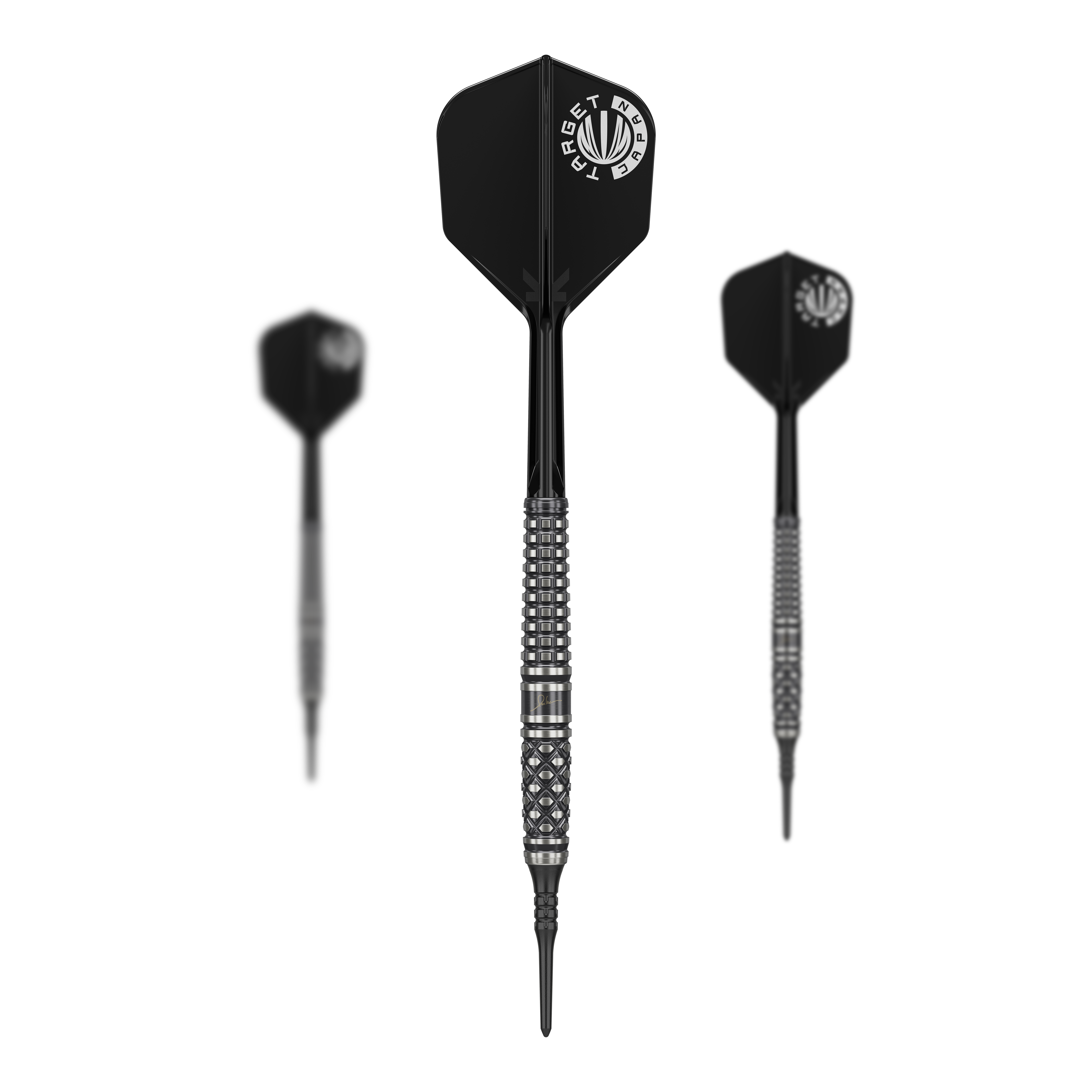 Target Japan Paul Lim The Legend GEN8 Soft Darts - 19g Das Bild zeigt drei schwarze Softdarts des Modells "Target Japan Paul Lim The Legend GEN8 - 19g". Die Darts haben silberne Griffringe und schwarze Flights mit weißem Logo.