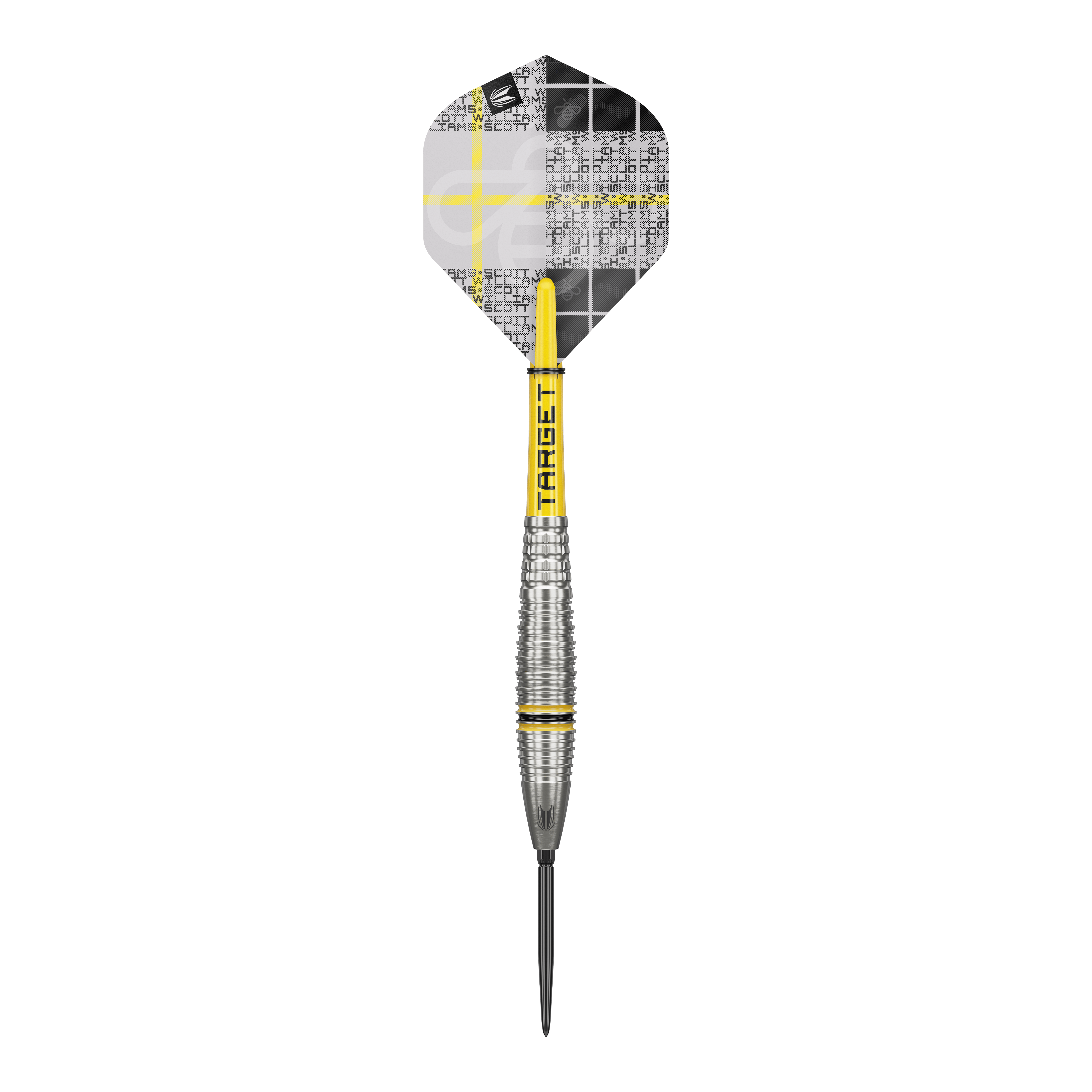 Dieses Bild zeigt einen Target Scott Williams GEN2 Swiss Point Steeldart. Der Dartpfeil hat ein silbernes Griffstück mit gelben Akzenten und ein individuell gestaltetes Flight-Design.