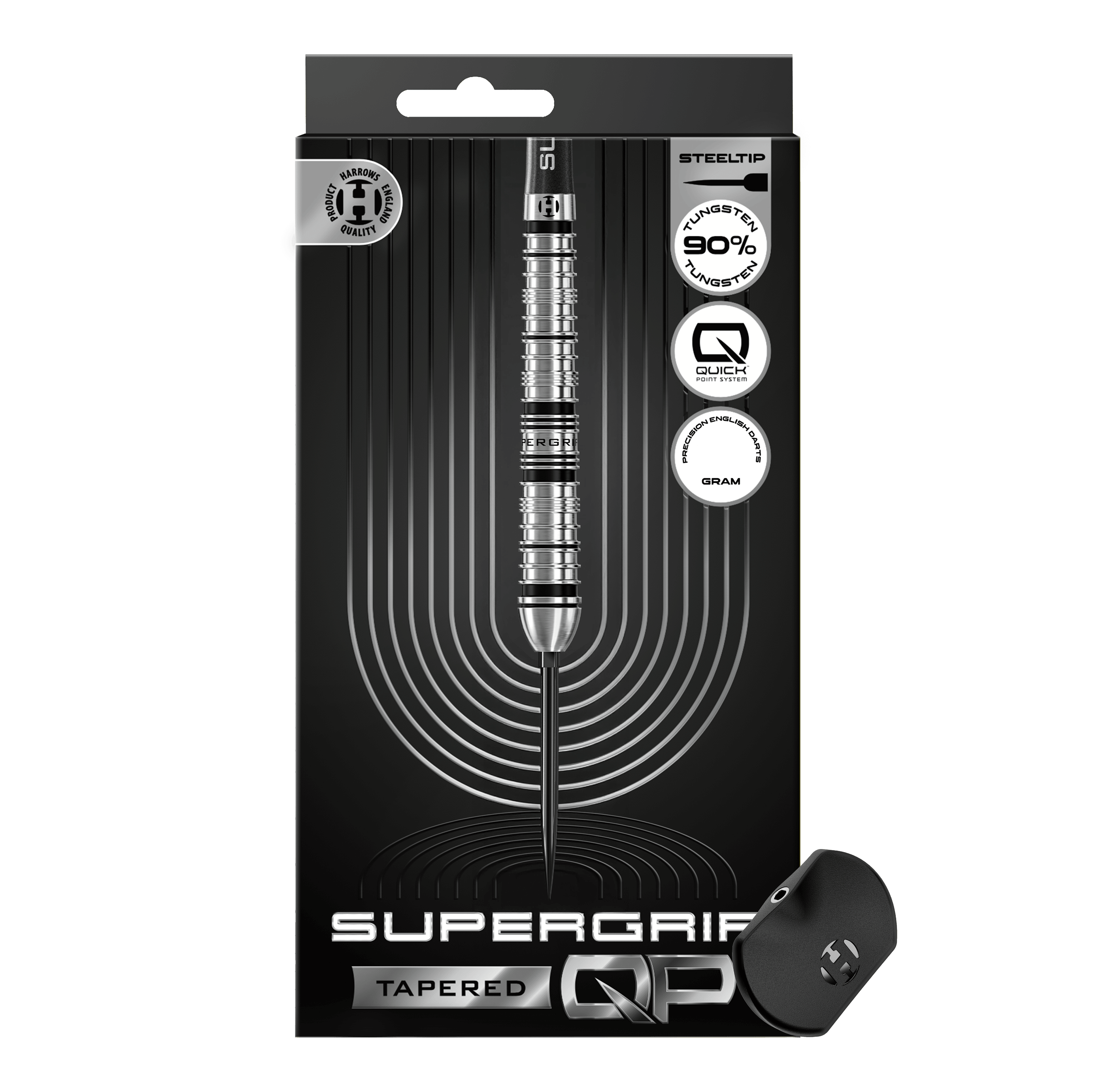 Zu sehen sind die Harrows Supergrip QP Tapered Quick Point Steeldarts. Die Darts bieten ein modernes Design und optimale Spieleigenschaften.