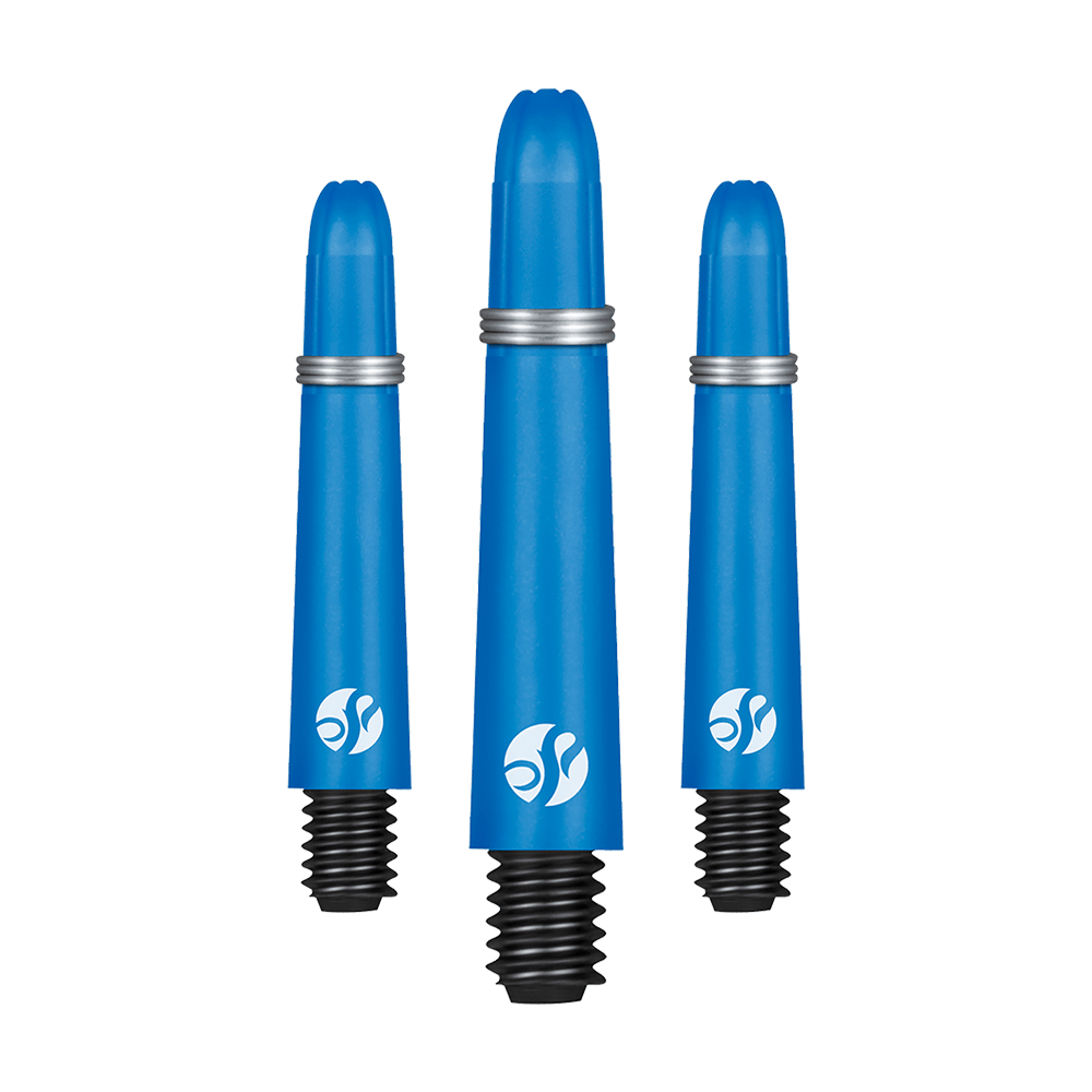 Shot Koi Carbon Shafts - Blue Auf dem Bild sind drei blaue Dartschäfte mit silbernem Ring und schwarzem Schraubgewinde zu sehen. Sie stehen nebeneinander und haben das gleiche Logo aufgedruckt.