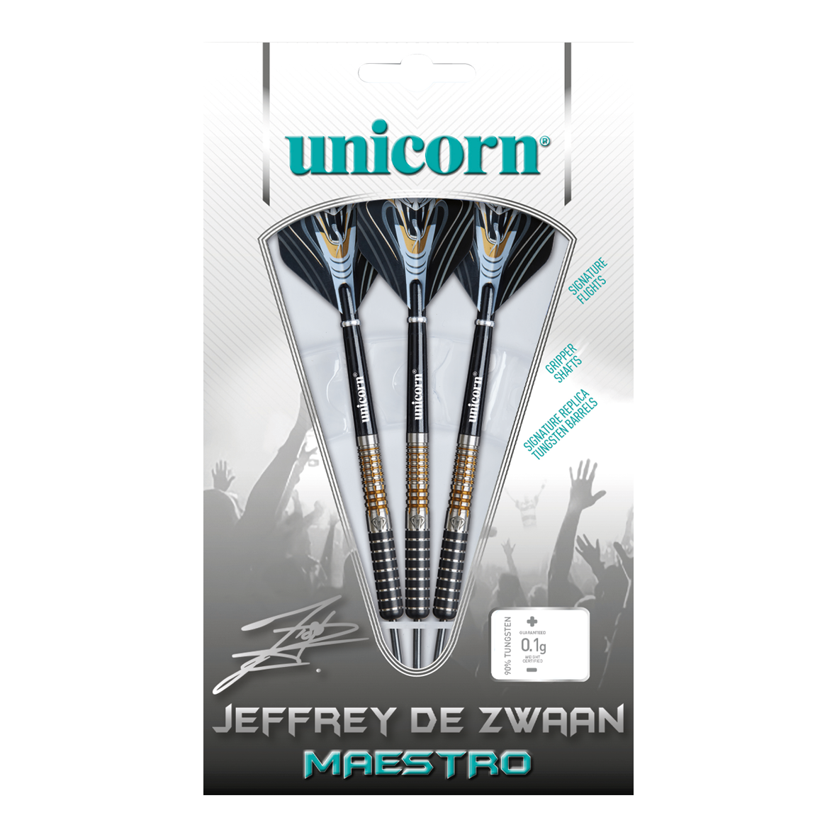 Das Bild zeigt eine Verpackung mit drei Steeldarts der Marke Unicorn, Modell „Jeffrey De Zwaan Maestro“. Die Darts sind in einer transparenten Blisterverpackung sichtbar und auf der Verpackung steht der Name des Produkts.