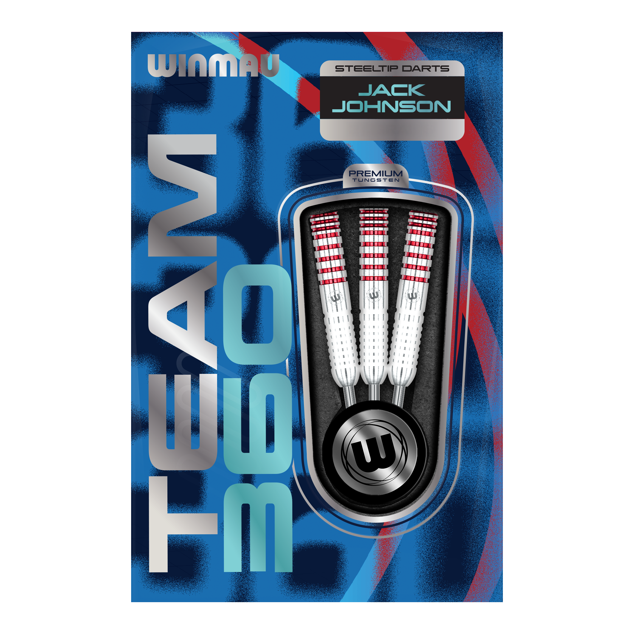 Winmau Team 360 Jack Johnson steel darts - 24g Abgebildet sind die Winmau Team 360 Jack Johnson Steeldarts mit 24 Gramm Gewicht. Die Darts zeichnen sich durch ihr markantes Design aus.