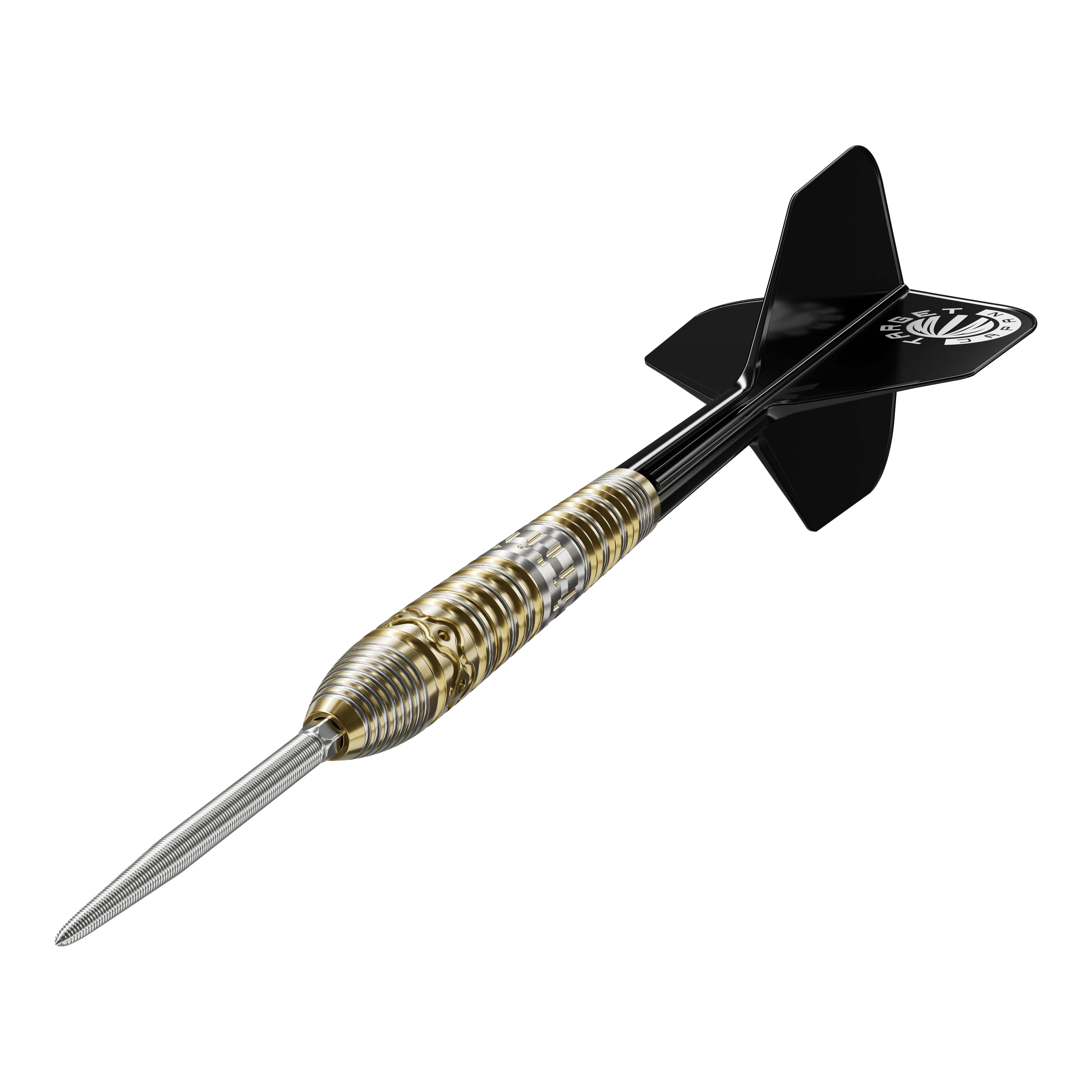 Das Bild zeigt einen Target Japan Hot Shot GEN2 Steeldart mit einem Gewicht von 23g. Der Dart hat einen metallischen, geriffelten Griffbereich und schwarze Flights.