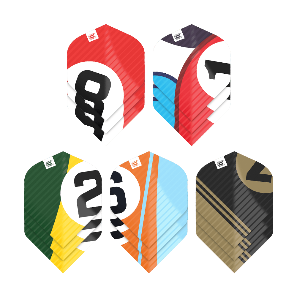 Das Bild zeigt fünf verschiedene Sets von Dart-Flights in bunten Farben und mit großen Zahlen. Jedes Set hat ein einzigartiges Design und verschiedene Farbkombinationen.
