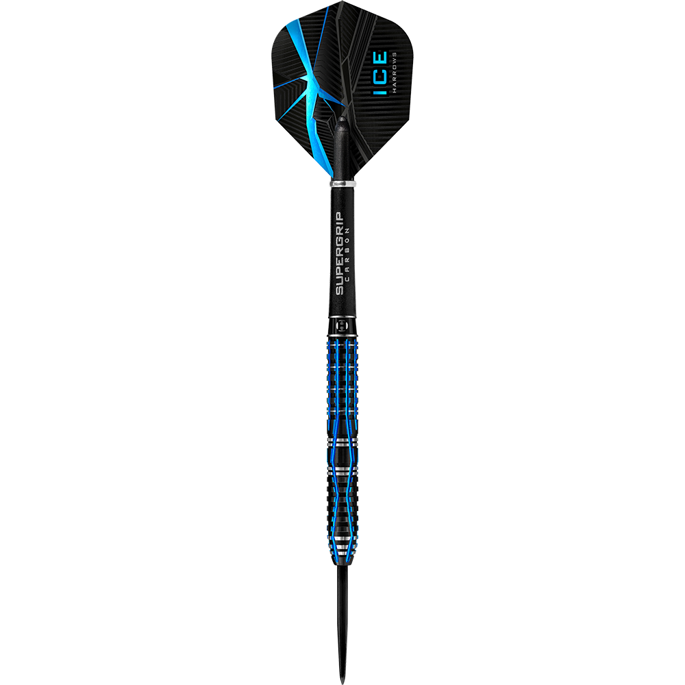 HA28917_Harrows_Ice_Recut_Steeldarts_12CwSpahIDYJya Das Bild zeigt den Harrows Ice Recut Steeldart mit schwarzem und blauem Design. Der Dart hat eine strukturierte Griffzone und schwarze Flights mit blauen Akzenten.