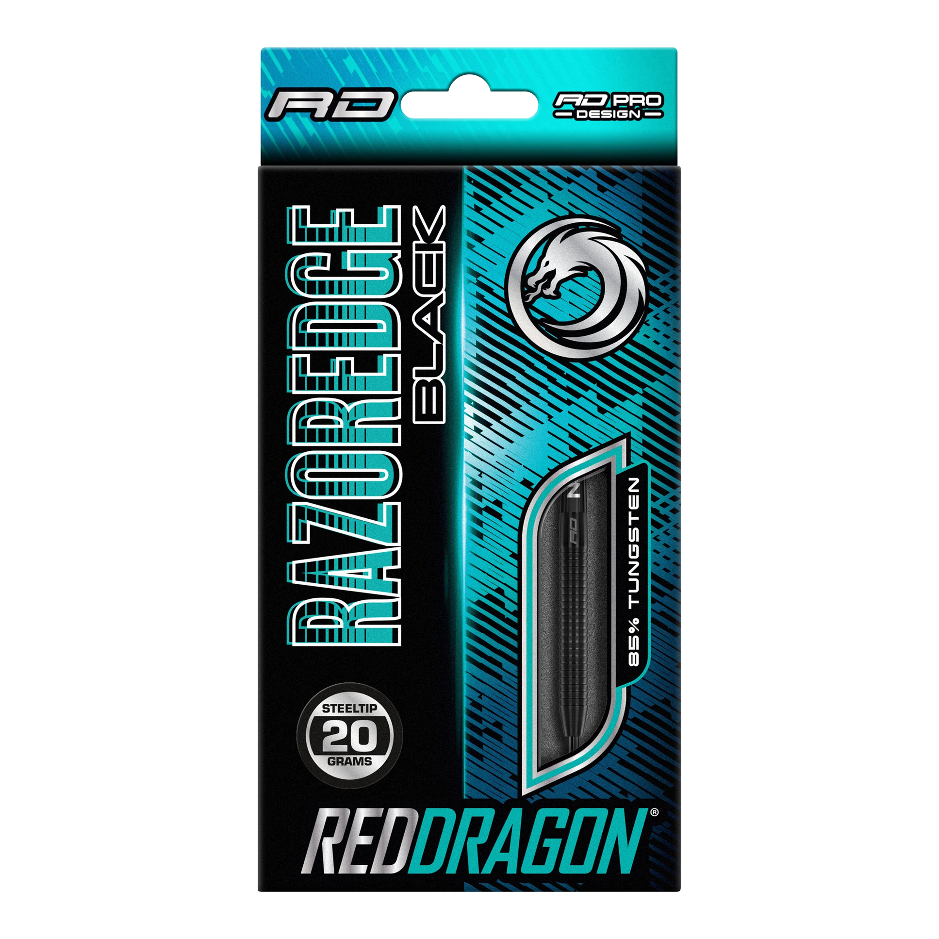Red Dragon Razor Edge Black steel darts Auf dem Bild ist eine Verpackung von Red Dragon Razor Edge Black Steeldarts zu sehen. Die Darts wiegen 20 Gramm und bestehen zu 85 % aus Wolfram.