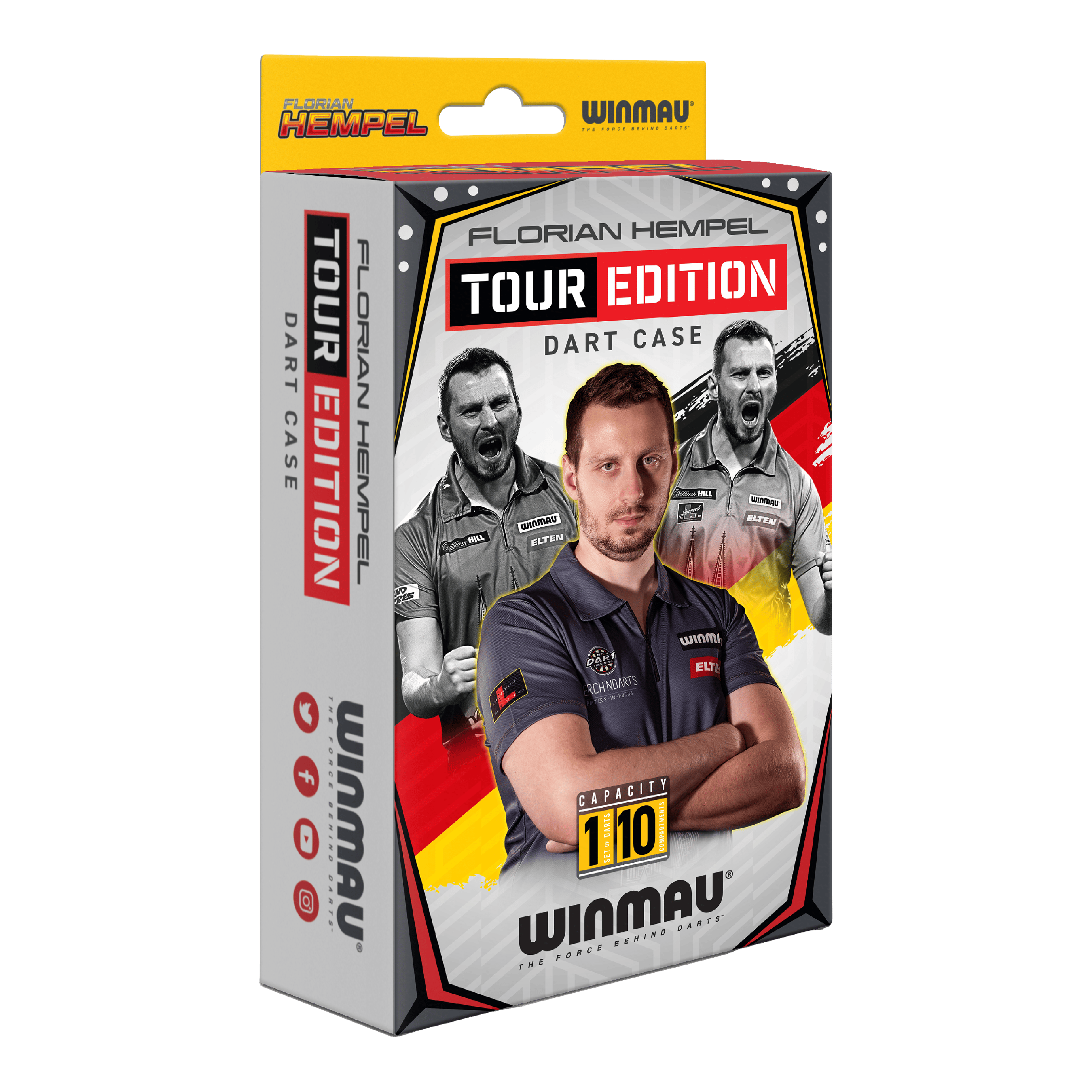 Winmau Florian Hempel Tour Edition dart case Die Verpackung zeigt das Produkt "Winmau Florian Hempel Tour Edition Dartcase". Auf der Vorderseite sind Bilder von Florian Hempel und der Hinweis auf eine Kapazität von 110 Darts abgebildet.