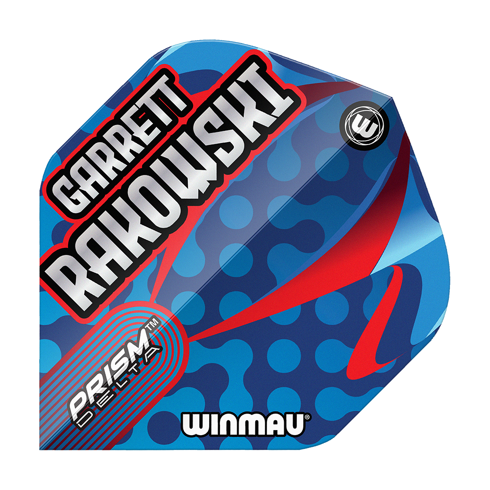 Das Bild zeigt die Winmau Prism Delta Garrett Rakowski Standard Flights. Das Flight-Design ist blau mit roten und hellblauen Akzenten sowie dem Namen "Garrett Rakowski" in großen Buchstaben.