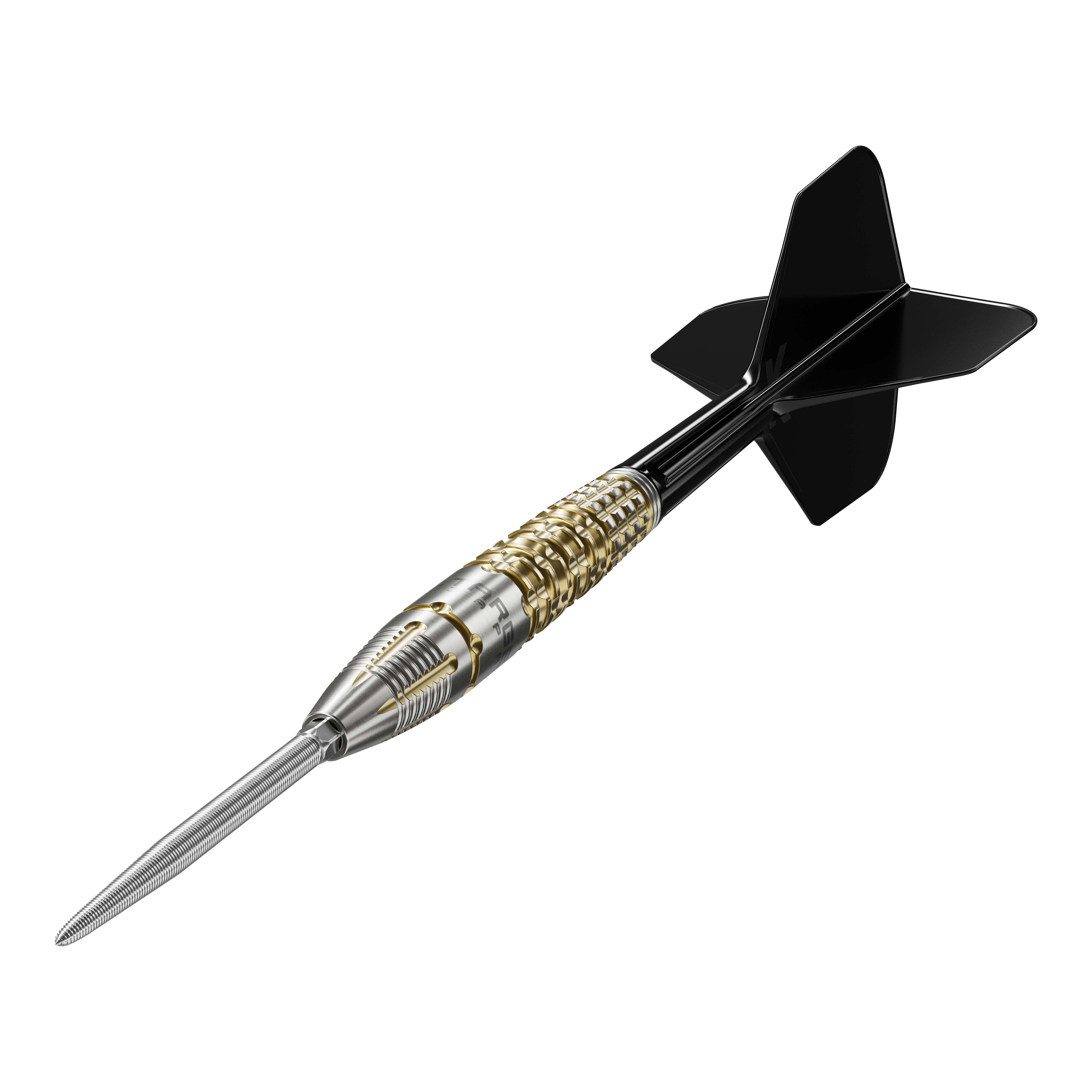 Das Bild zeigt einen Target Black Marque Warrior Swiss Point Steeldart. Der Dart hat eine silberne Spitze, einen gold-silbernen Griff und schwarze Flights.