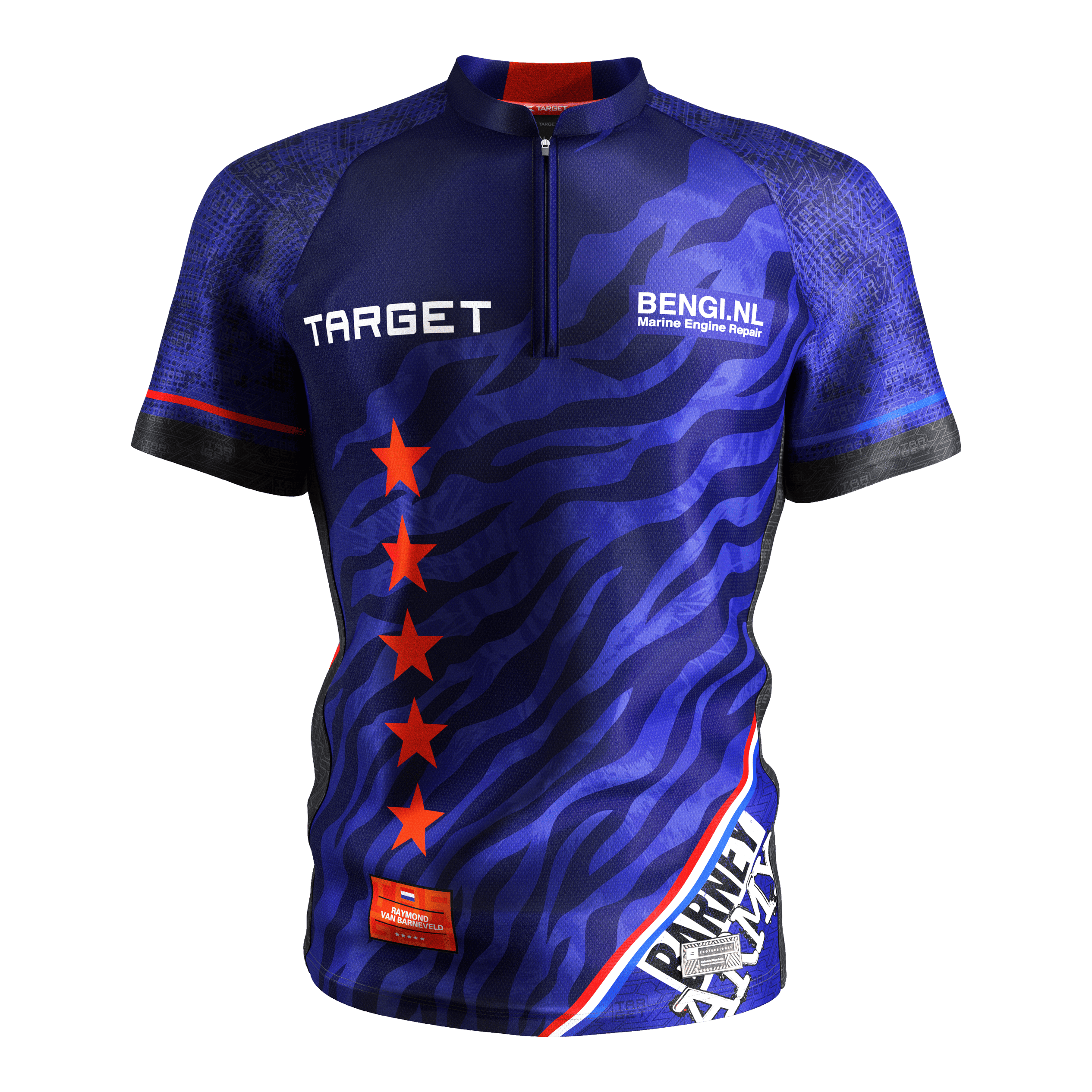Target Coolplay Raymond Van Barneveld 2025 dart shirt Das Bild zeigt das Produkt "Target Coolplay Raymond Van Barneveld 2025 Dartshirt". Das Dartshirt ist hauptsächlich blau mit roten Sternen und weißen Schriftzügen.