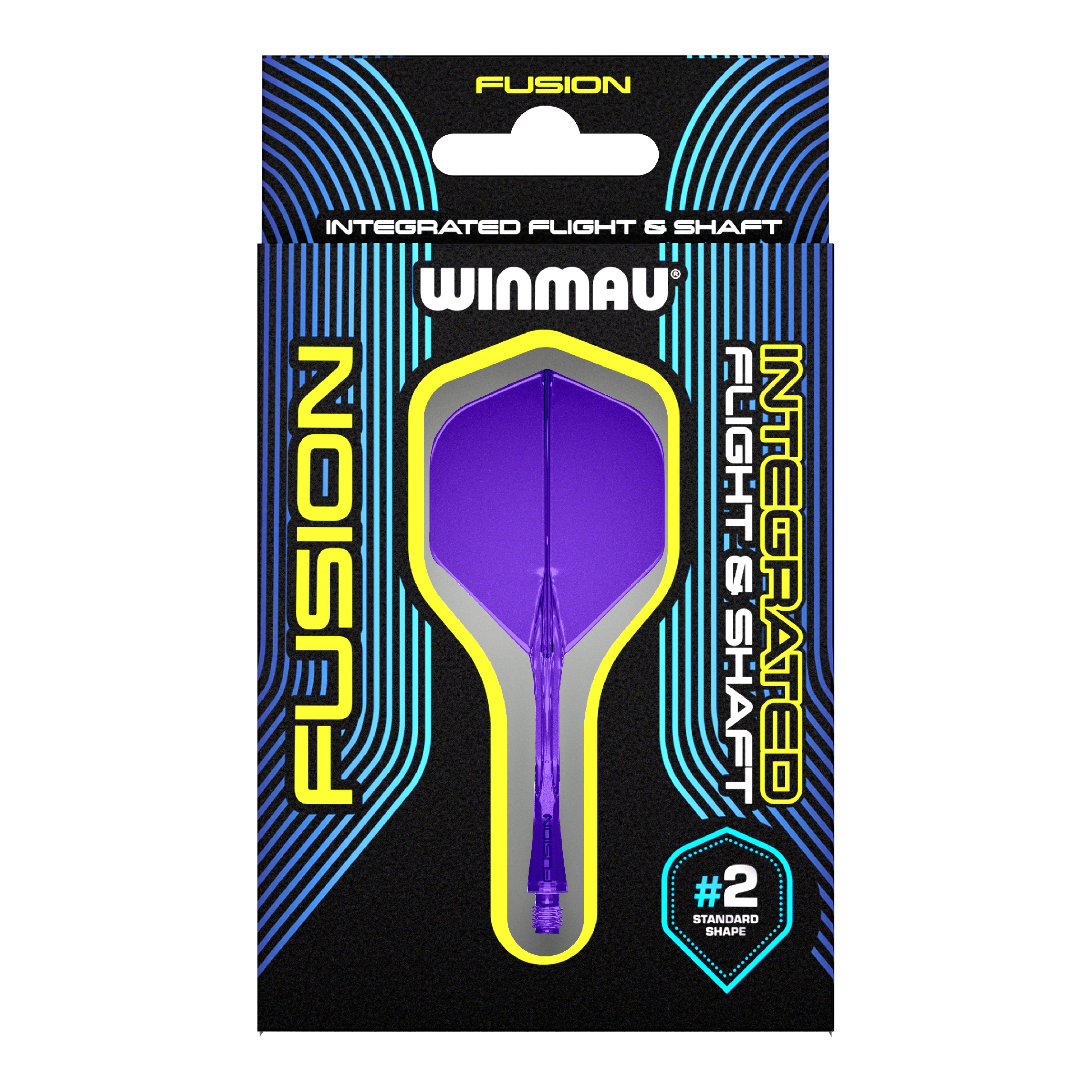 Winmau Fusion Flight Shaft System Standard Purple Auf dem Bild ist eine Verpackung mit einem lila Dart-Flug- und Schaftsystem der Marke Winmau zu sehen. Die Verpackung trägt die Aufschrift "Fusion Integrated Flight & Shaft" und hebt die Standardform #2 hervor.