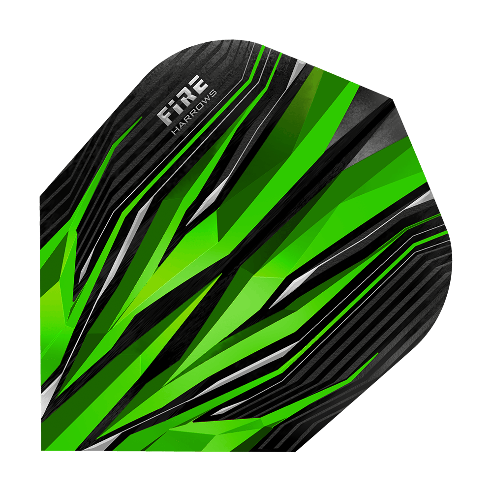 HR2_Harrows_Fire_Green_Standard_Flights_1sXfBKv5nNpZ5t Harrows Fire Green Standard Flights mit effektvollem Muster. Die Flights sind sortiert angeordnet.