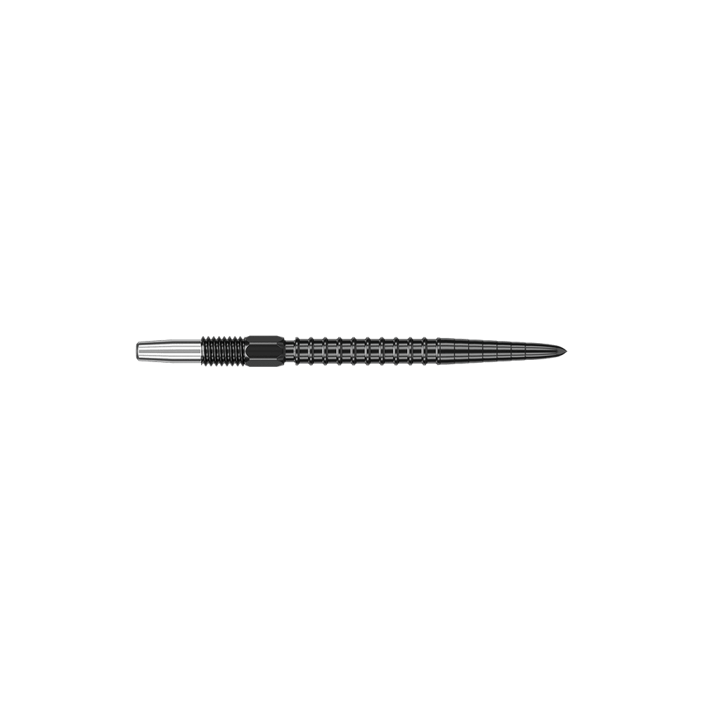 Target Swiss Point Chrono Dart Tips - Black Das Bild zeigt eine schwarze Dartspitze mit einem geriffelten Design. Die Spitze ist lang und schmal, geeignet für den Einsatz in Dartpfeilen.