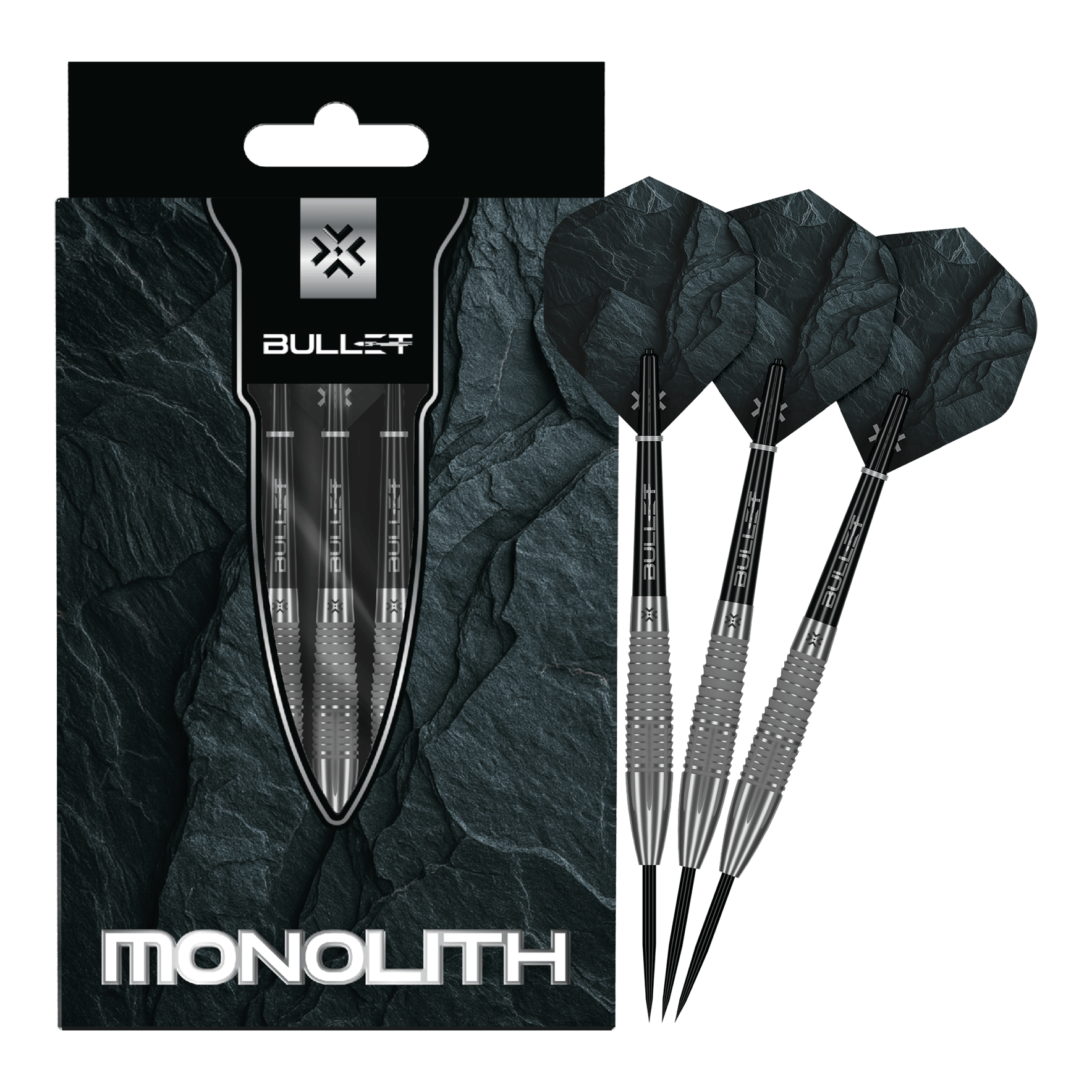 Abgebildet sind die Bullet Monolith Steel Darts in voller Länge. Dieses Produkt eignet sich für das Steeldart-Spiel.