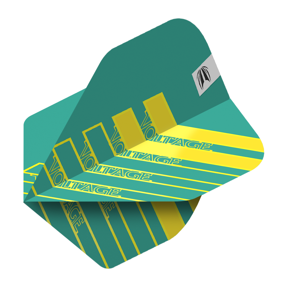 Das Bild zeigt ein Dart-Flight in Aqua-Farbe mit gelben Streifen und dem Schriftzug "VOLTAGE". Es handelt sich um das Produkt "Target Pro Ultra Rob Cross Aqua No2 Standard Flights - 3 Sets".