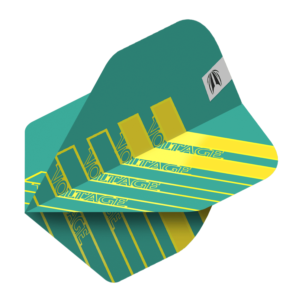 Target Pro Ultra Rob Cross Aqua No2 Standard Flights - 3 sets Das Bild zeigt ein Dart-Flight in Aqua-Farbe mit gelben Streifen und dem Schriftzug "VOLTAGE". Es handelt sich um das Produkt "Target Pro Ultra Rob Cross Aqua No2 Standard Flights - 3 Sets".