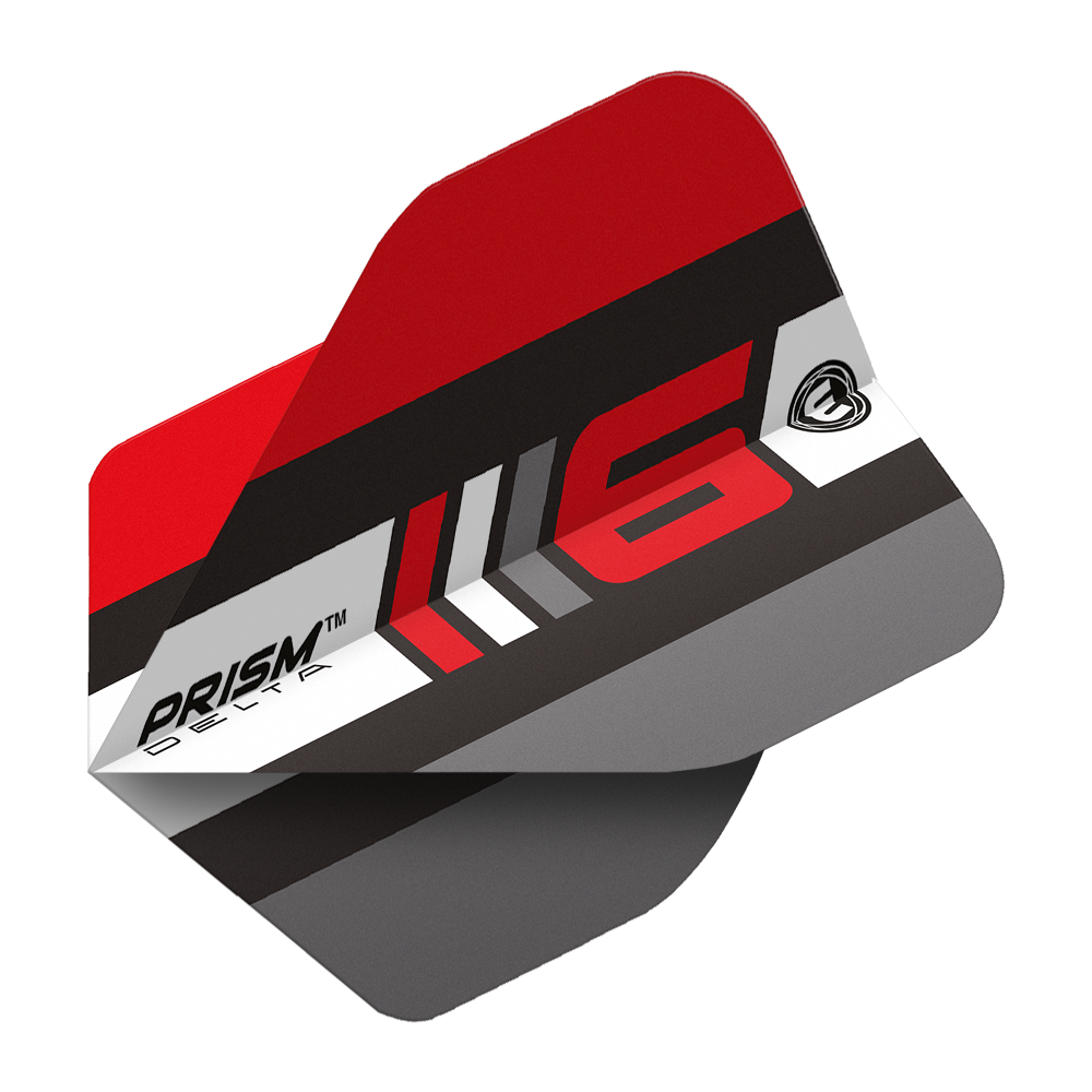 6915-226_Winmau_Prism_Delta_Blade6_B_Standard_Flights_2 Dies ist ein Winmau Prism Delta Blade 6 B Standard Flight für Darts. Das Design ist überwiegend rot, schwarz und grau mit einem modernen Muster und der Aufschrift "PRISM DELTA" und "6".