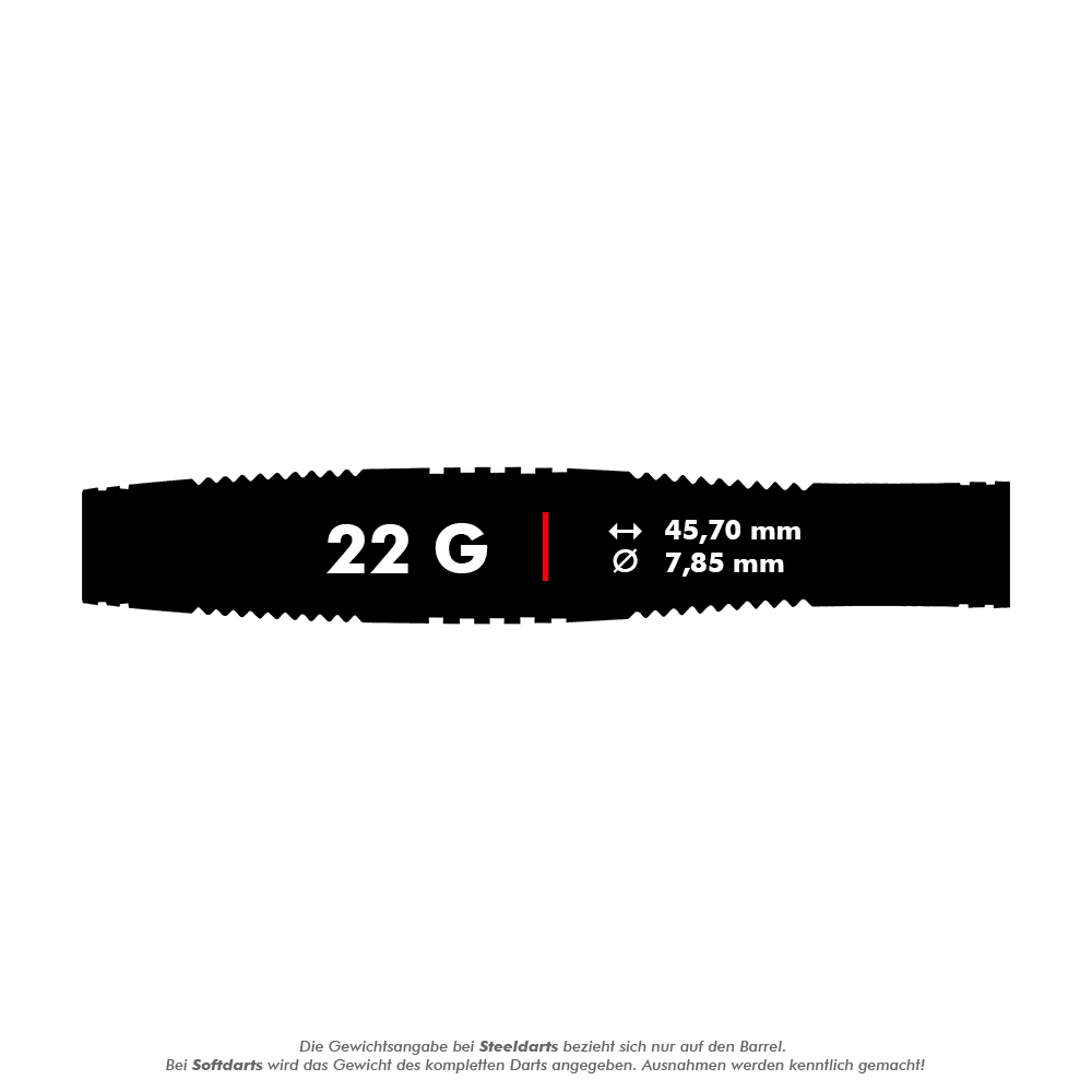 Red Dragon Marlin Venom Soft Darts - 22g Das Bild zeigt die Produktinformationen der Red Dragon Marlin Venom Softdarts mit einem Gewicht von 22 Gramm. Die Darts haben eine Länge von 45,70 mm und einen Durchmesser von 7,85 mm.