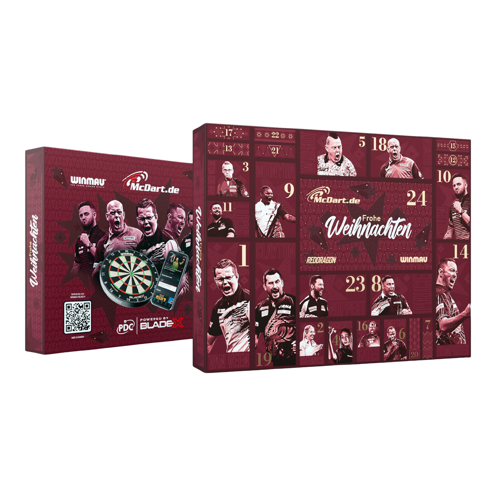 McDart Premium Advent Calendar 2026 for steel dart players Dieses Bild zeigt den McDart Premium Adventskalender 2026 für Steeldart-Spieler. Es ist ein spezieller Adventskalender für Freunde des Steeldart-Sports.