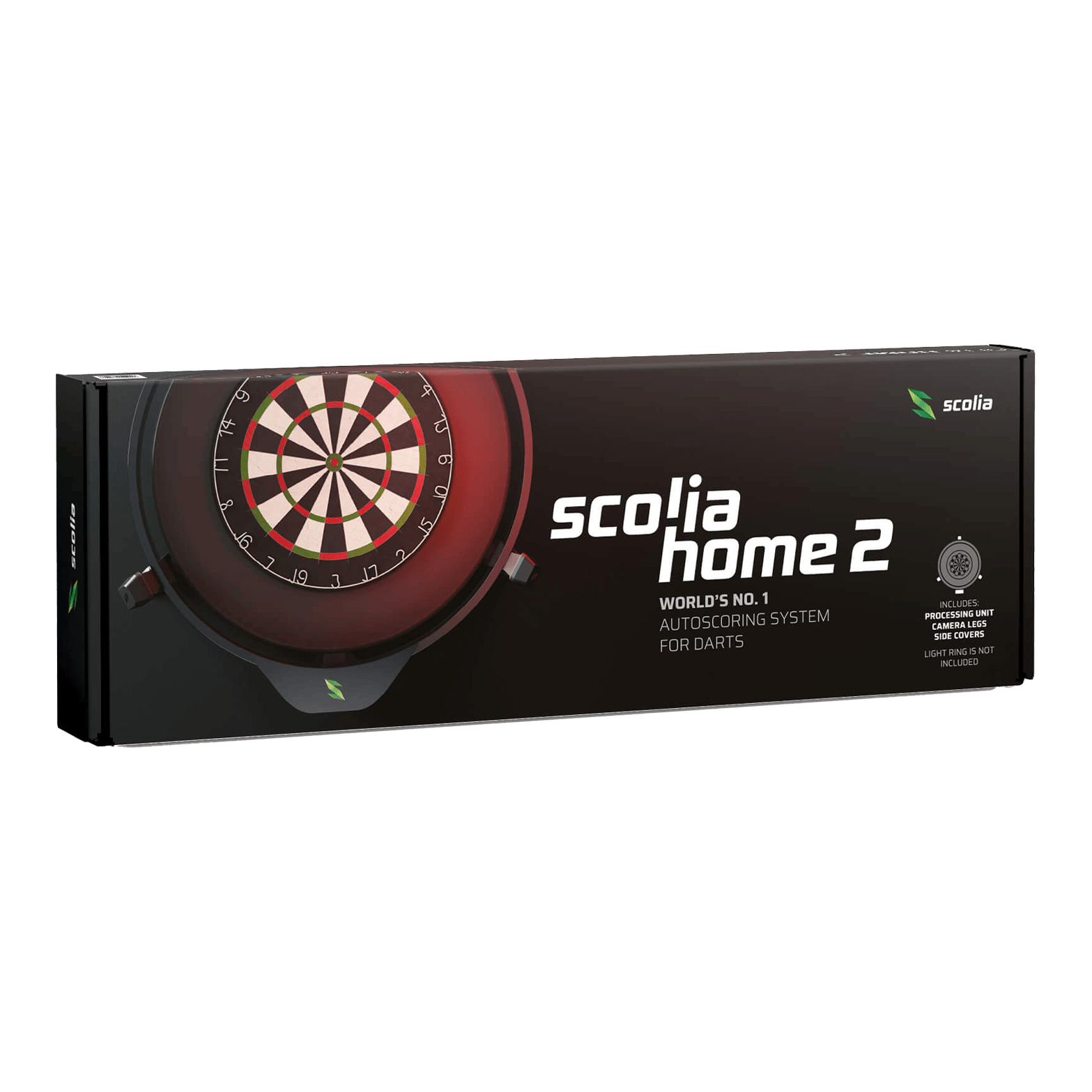 Scolia Home 2 Electronic Autoscoring System 2026 Die Abbildung zeigt die Verpackung des Produkts "Scolia Home 2 Electronic Score System". Es handelt sich um ein automatisches Punktezählsystem für Darts.